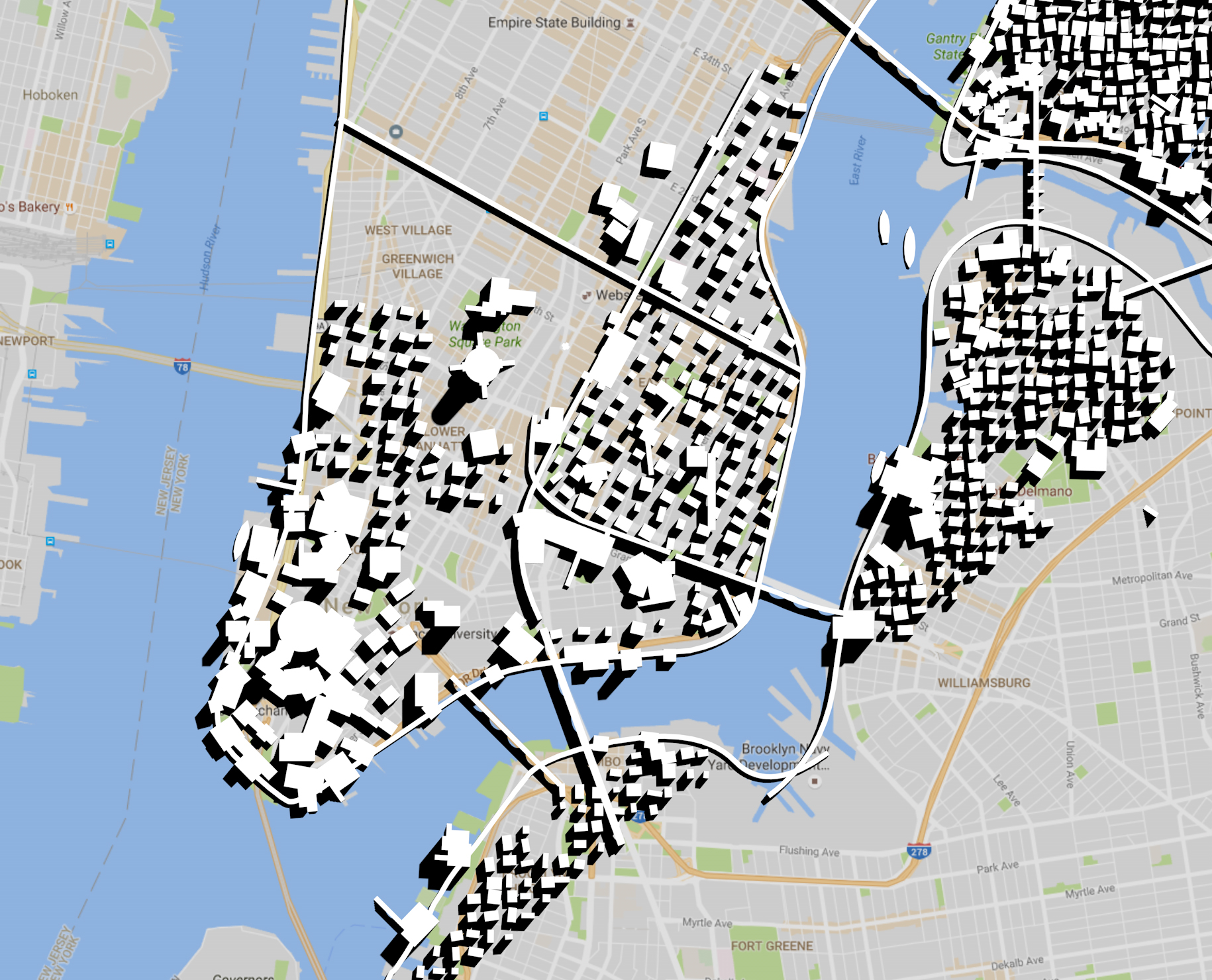 The illustration was created in 3D. Buildings were loosely arranged according to an overhead map of New York.