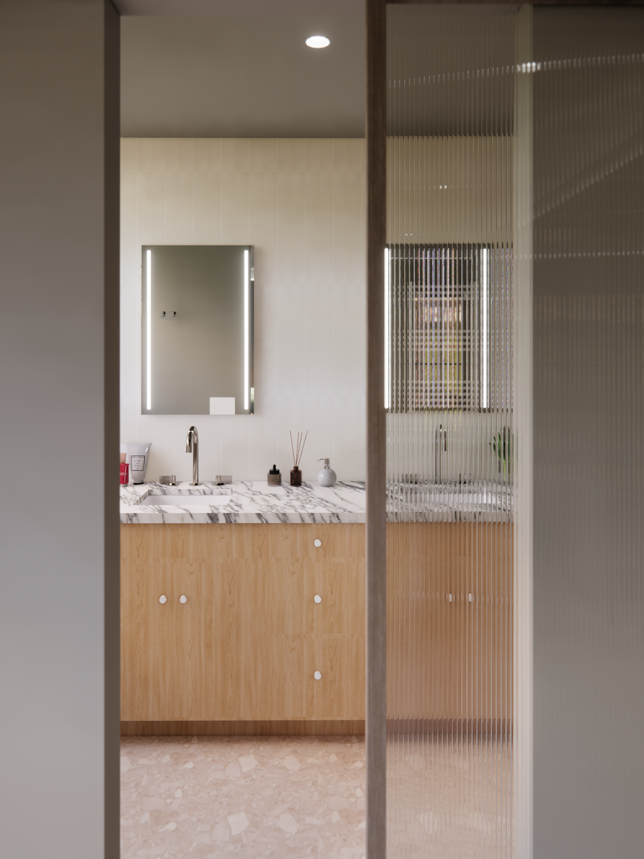 Rendering of the primary bathroom at the West Hill Residence, showing entry sequence & interior finishes.