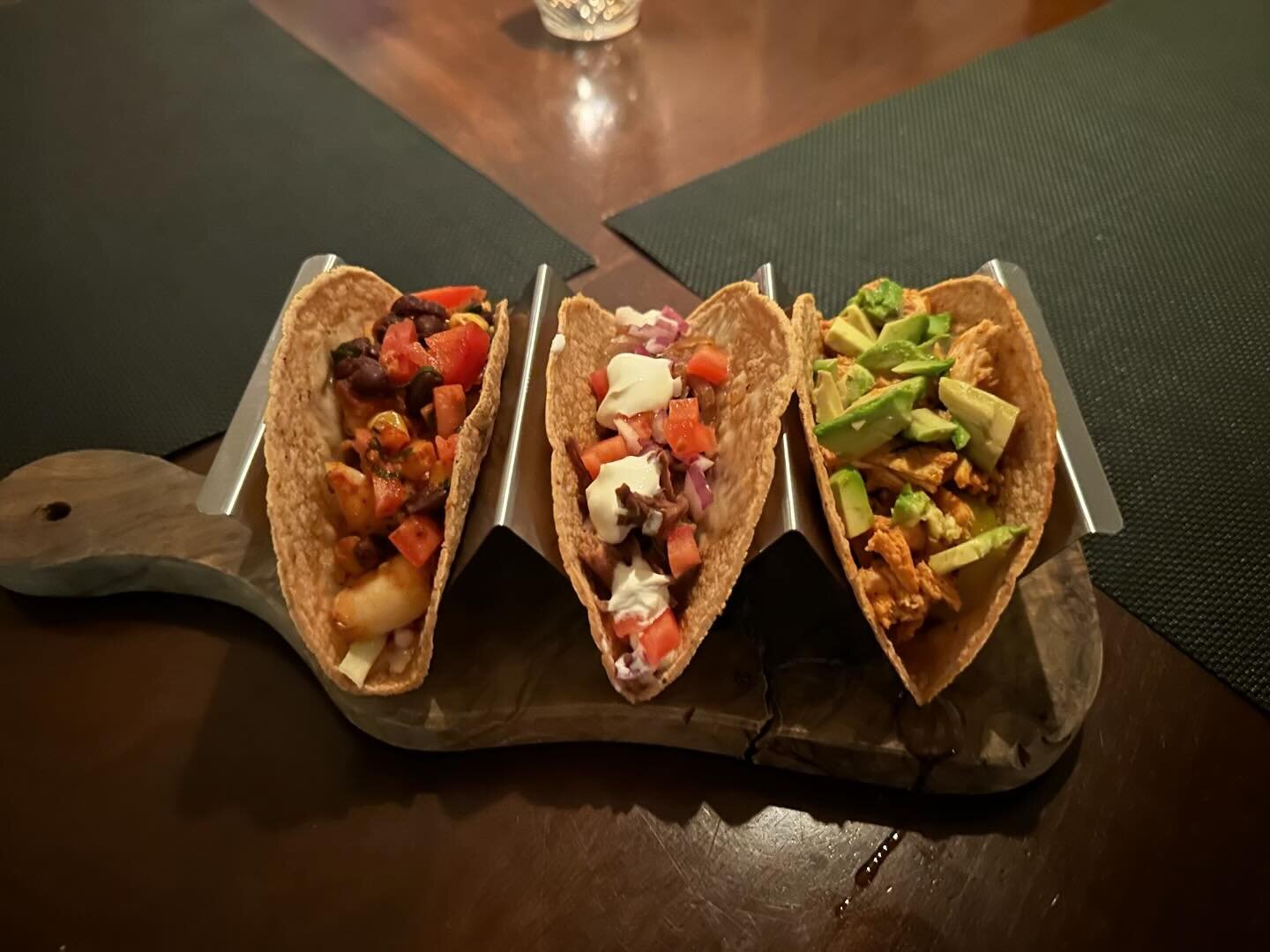 A little twist this week with a Taco Trio. Chipotle Lime Bbq Short Rib, Buffalo Chicken, and Cajun Shrimp. Come and taste them@and us know if they&rsquo;re keepers for the Spring Menu. #tacos #yummy #wine #beer