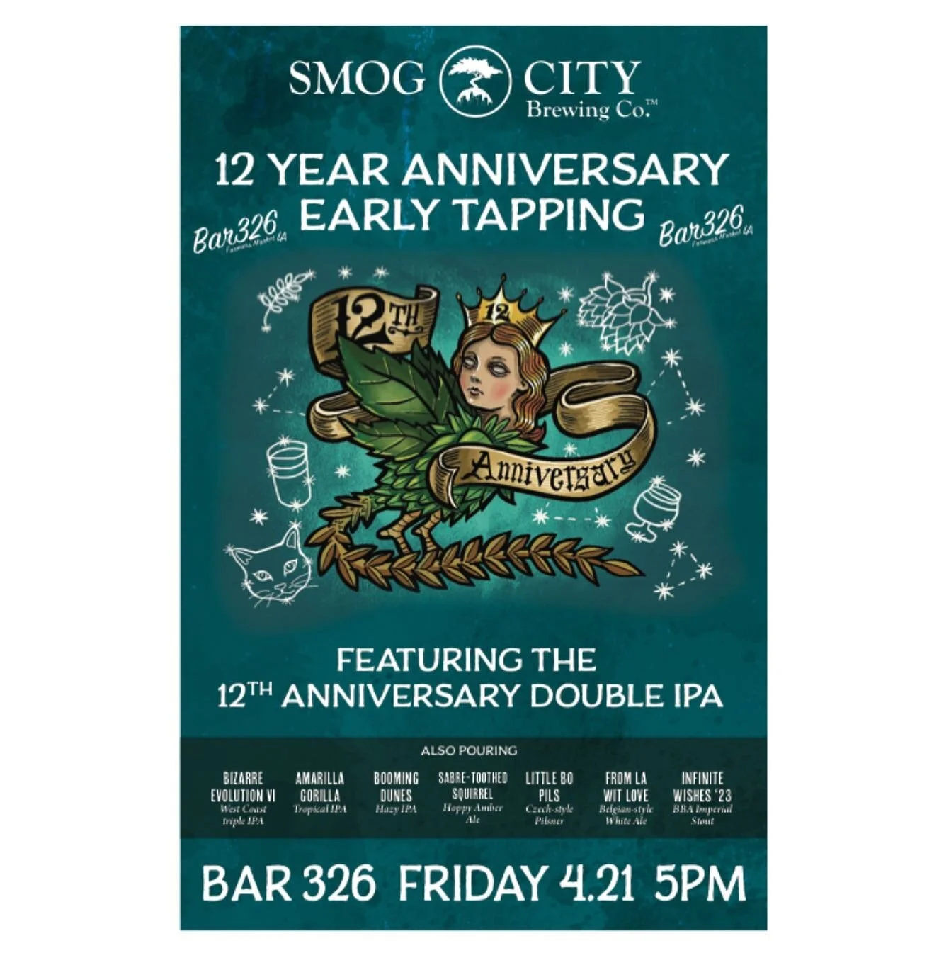 Early Tapping, Smog City Pre-Anniversary Party at Bar326 Friday April 21st, featuring their Anniversary Double IPA and many more 🍻🍻
#smogcitybrewing #smoganniversary #bar326 #farmersmarketbar326 #originalfarmersmarket #taptakeover #hoppedla #beerp