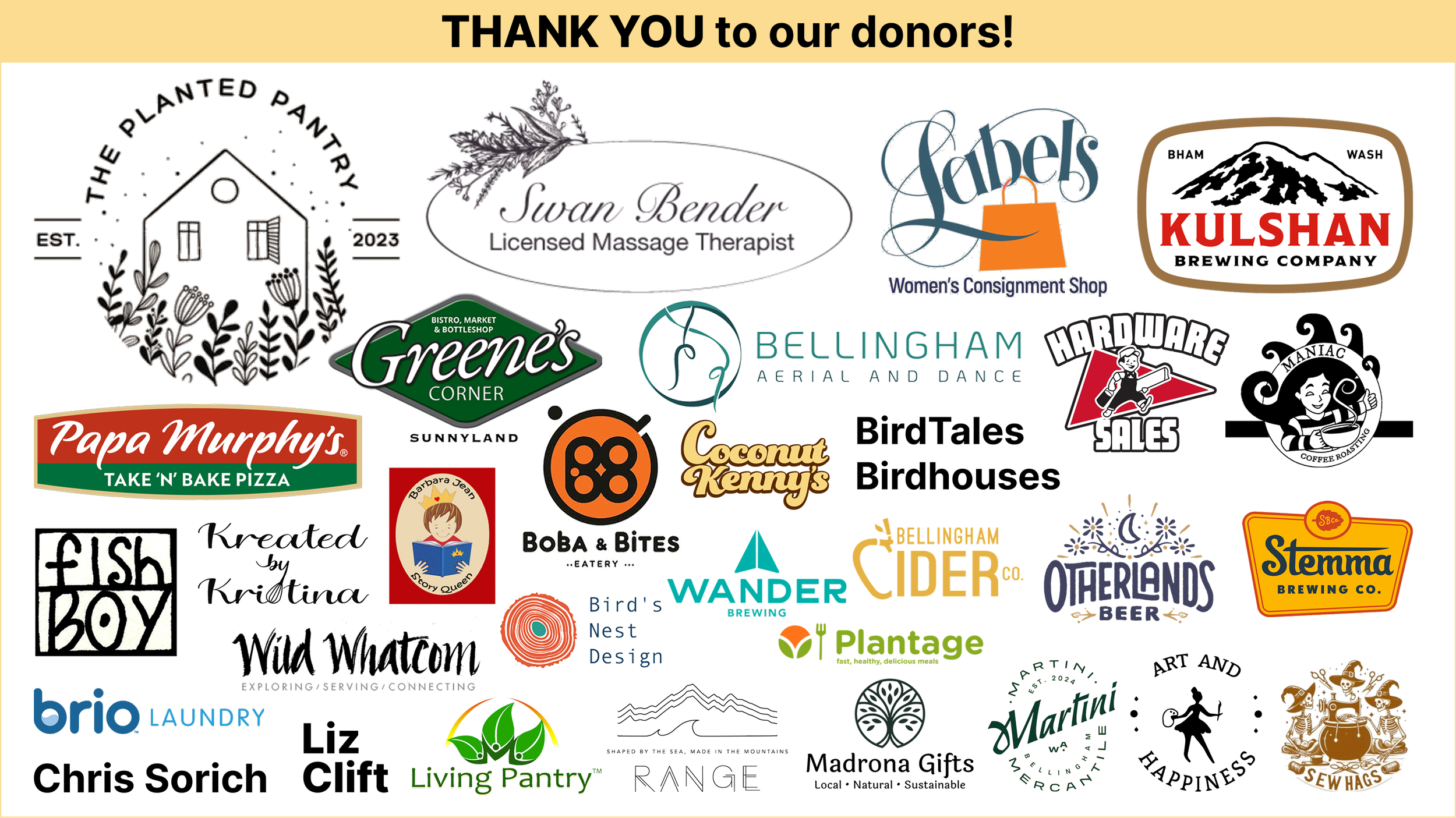 donor collage of businesses and individuals who have donated to the 2026 Earth Day raffle