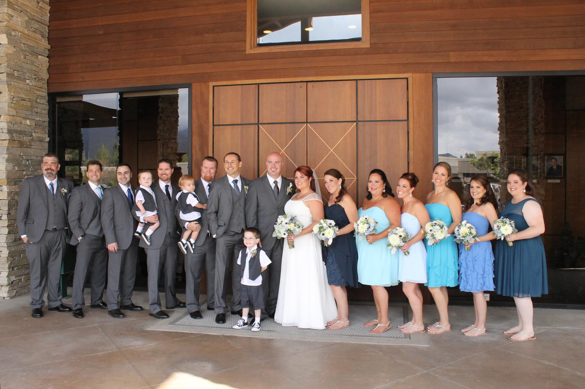 Bride groom groomsmen bridesmaids whites and blues