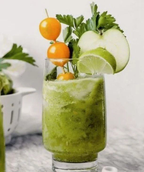 I've done it again! Found another &quot;healthy&quot; cocktail.  This one's a green Bloody Mary!  Those garnishes are healthy right?  Looks like a salad to me. 😁🍏🍅⁠
Happy Friday everyone. #sundaise #sundaisegroup #sundaisehats #sundaisers #hats #l