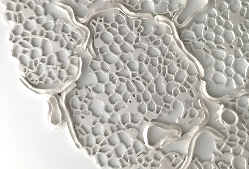 Tondo V, detail, 2015. Cast Resin and ceramic, 67" diameter