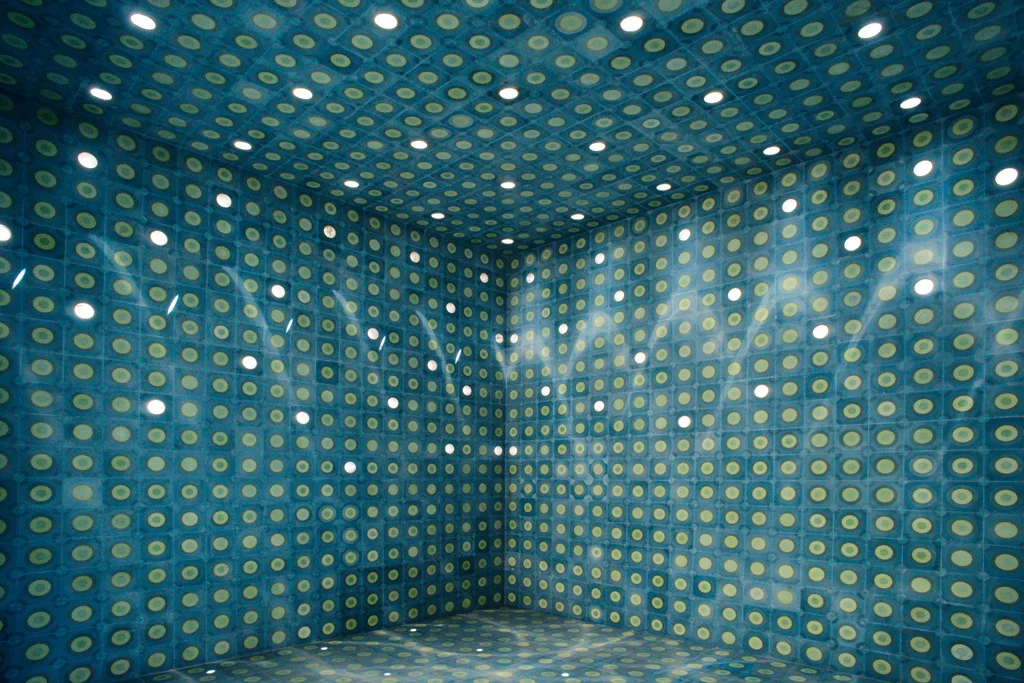 Blue Oasis, San Luis Potosi, Mexico, 2011. Permanent collection Sculpture Park San Luis Potosi. Detail tiled main space with wall and ceiling perforations.