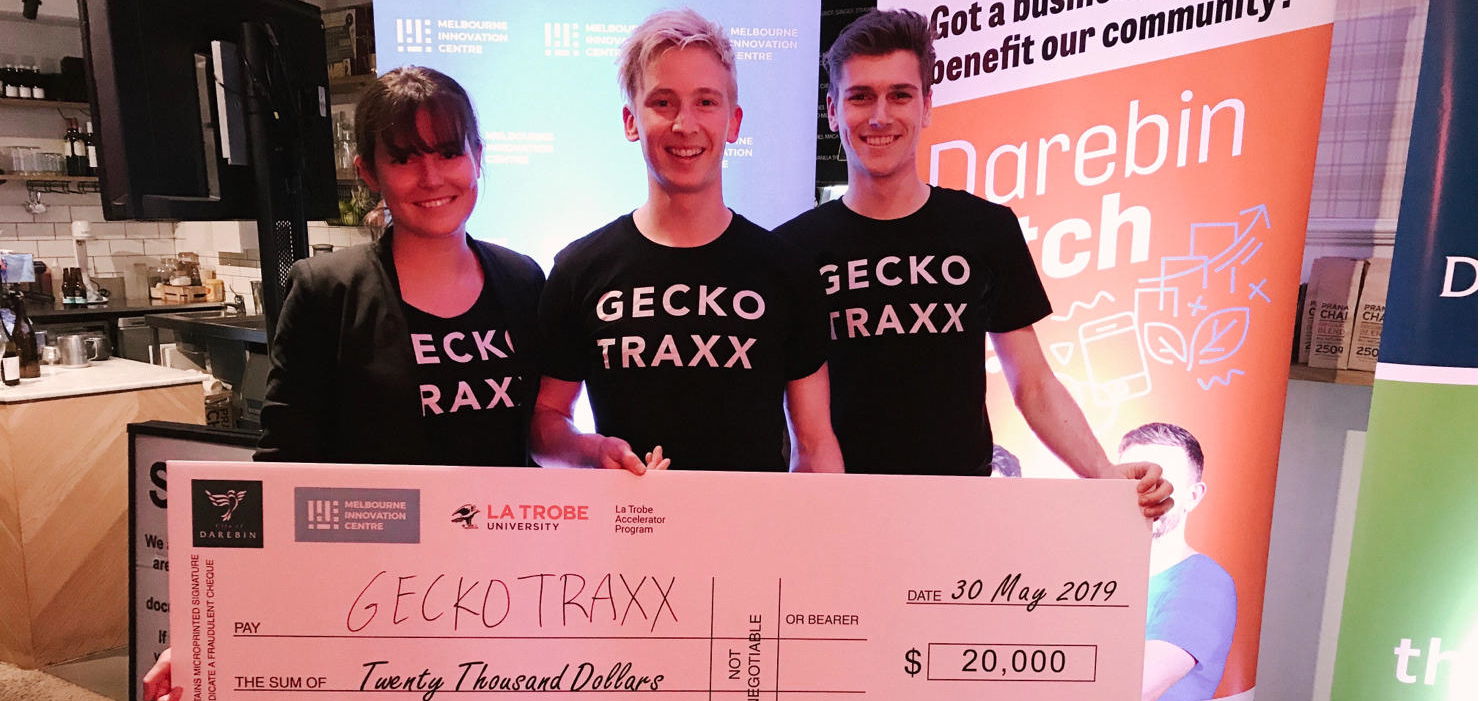 IMAGE:  2019 Darebin Pitch IT winner - Gecko Traxx  - Ryan Tilley (centre) and team.    READ MORE:   GECKO TRAXX — DAREBIN PITCH IT $20K PRIZE WINNER!