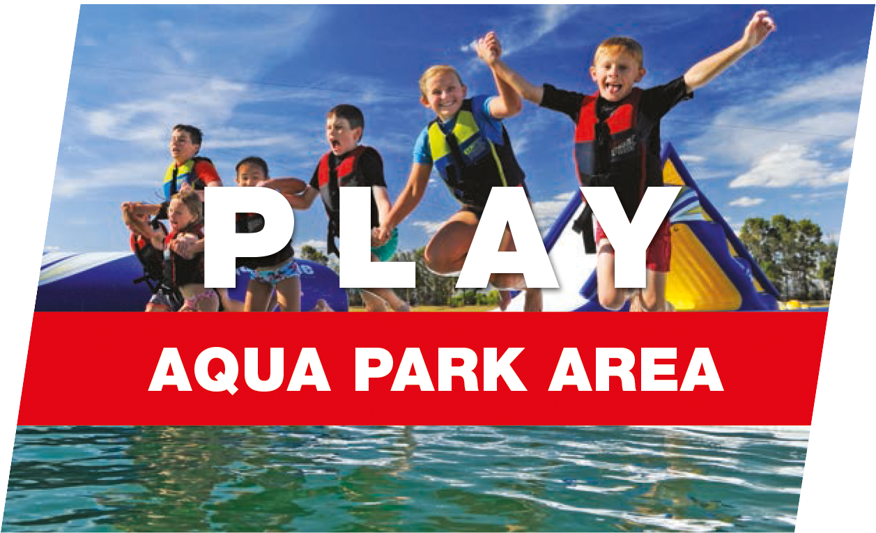 Our Aqua Park has a series of inflatable slides, runways, jumping pillows and structures all connected together on the lake.