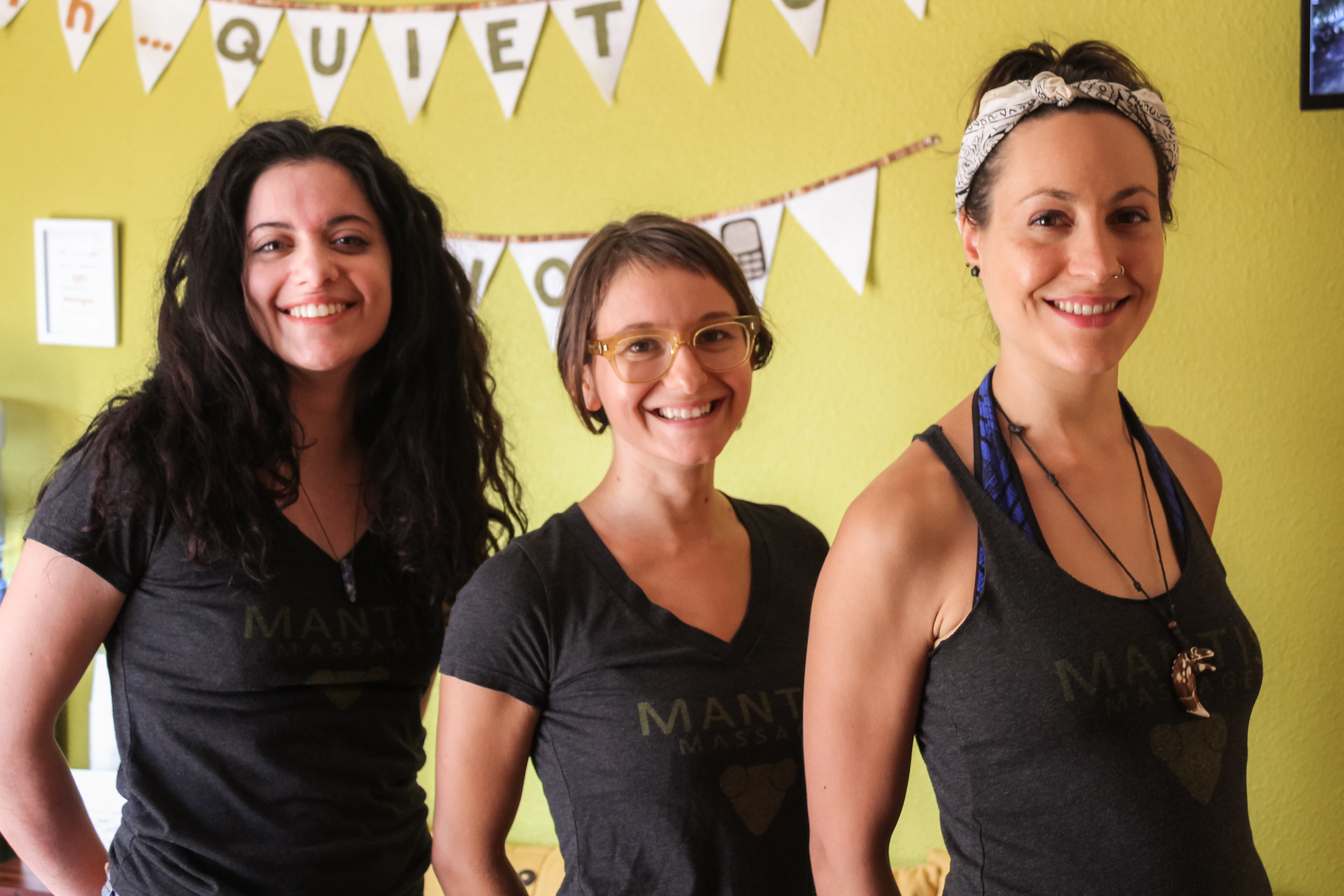  Image features three members of the dedicated team at Mantis Massage in Austin, Texas. With a shared passion for wellness and healing, our skilled therapists bring expertise and compassion to every session. From soothing Swedish massages to targeted