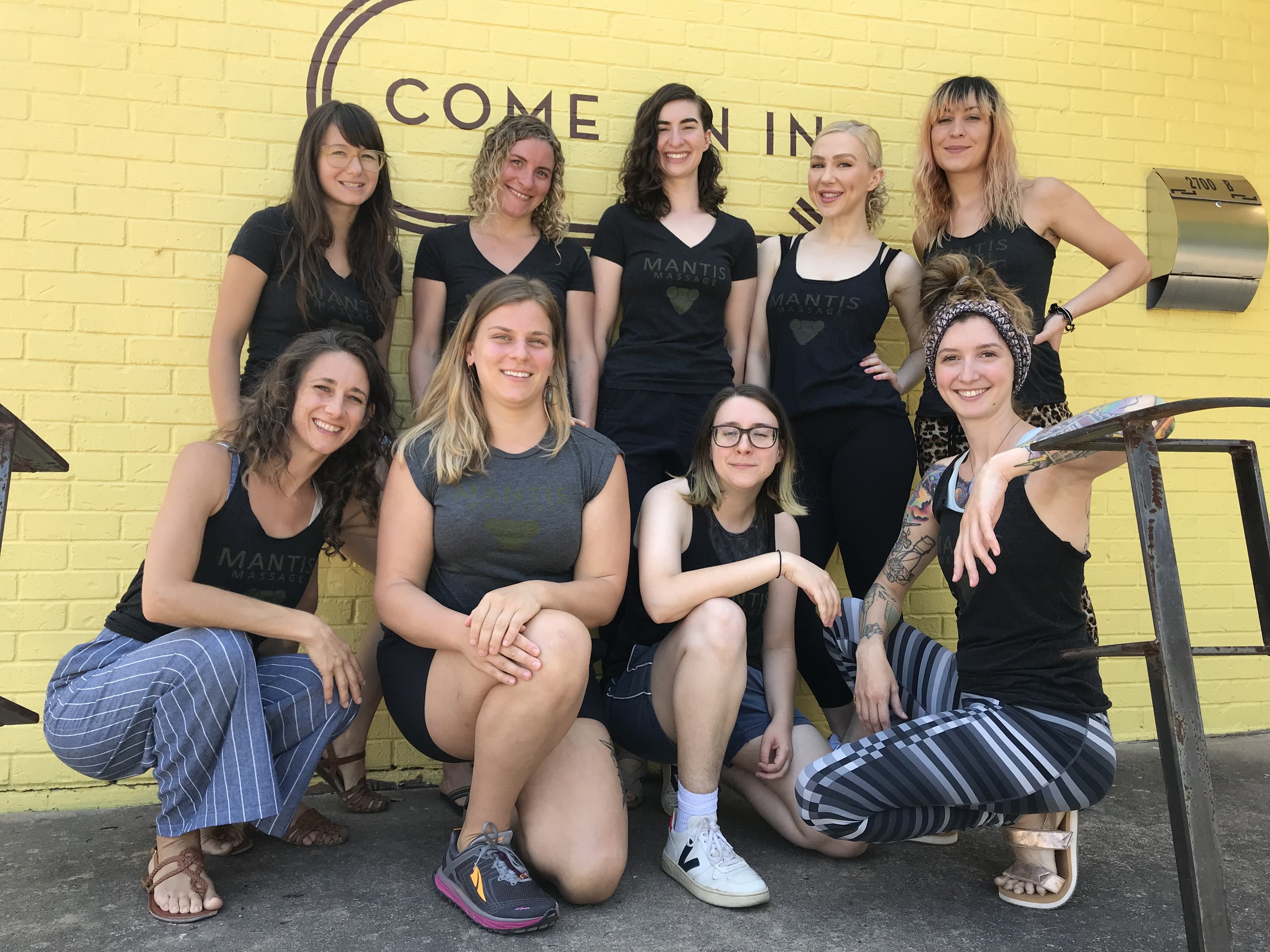  Image features nine people who are the skilled team of licensed massage therapists at Mantis Massage Therapy Studios in Austin, Texas. They are dedicated professionals committed to providing exceptional care tailored to your  personalized needs with