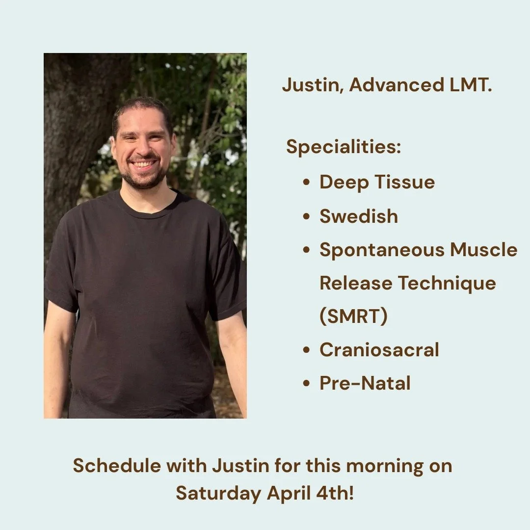 Great news! Our therapist Justin has availability for today, April 4th at 9am, 10am, or 12:30. Get on his schedule while you can!

Justin obtained his Massage Therapy License here in Austin in 2017 from Avenue Five through their 750-hour advanced the