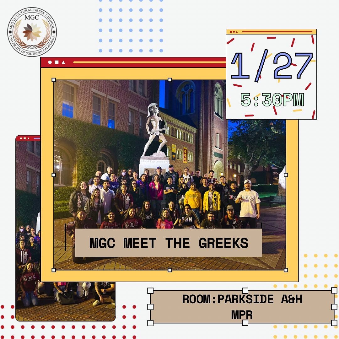 THIS FRIDAY 1/27/23 at 5:30pm in the Parkside Arts and Humanities Dorms🤩

Come meet our many Greek Organizations and get to know them🌐🤍

#usc #classof2026 #classof2025 #betas #sigmas #lambdas #ltphi #lta1975 #slg1990 #kdchi #opbi #slb1986 #zetaphi