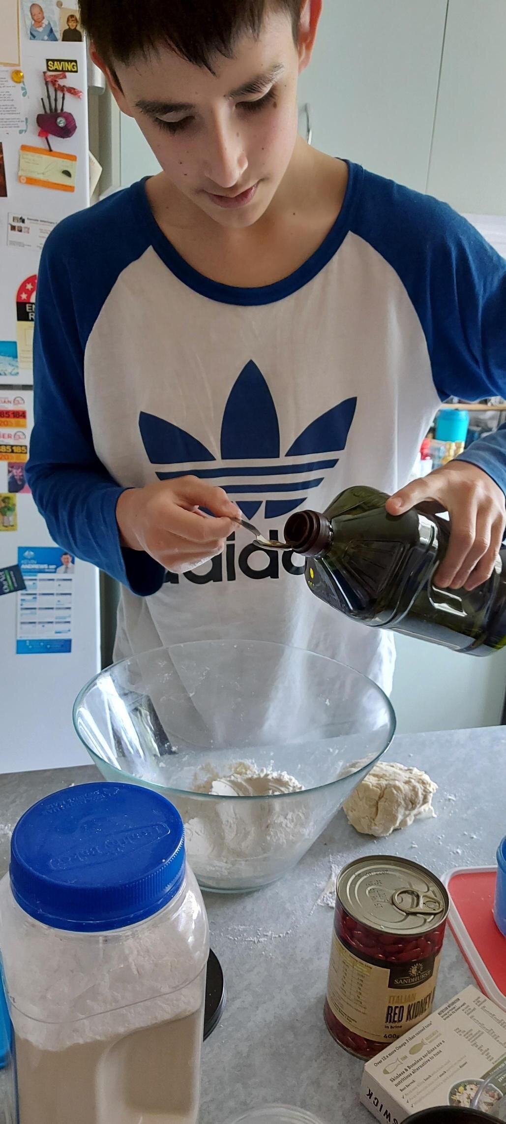 Seb making bean bread