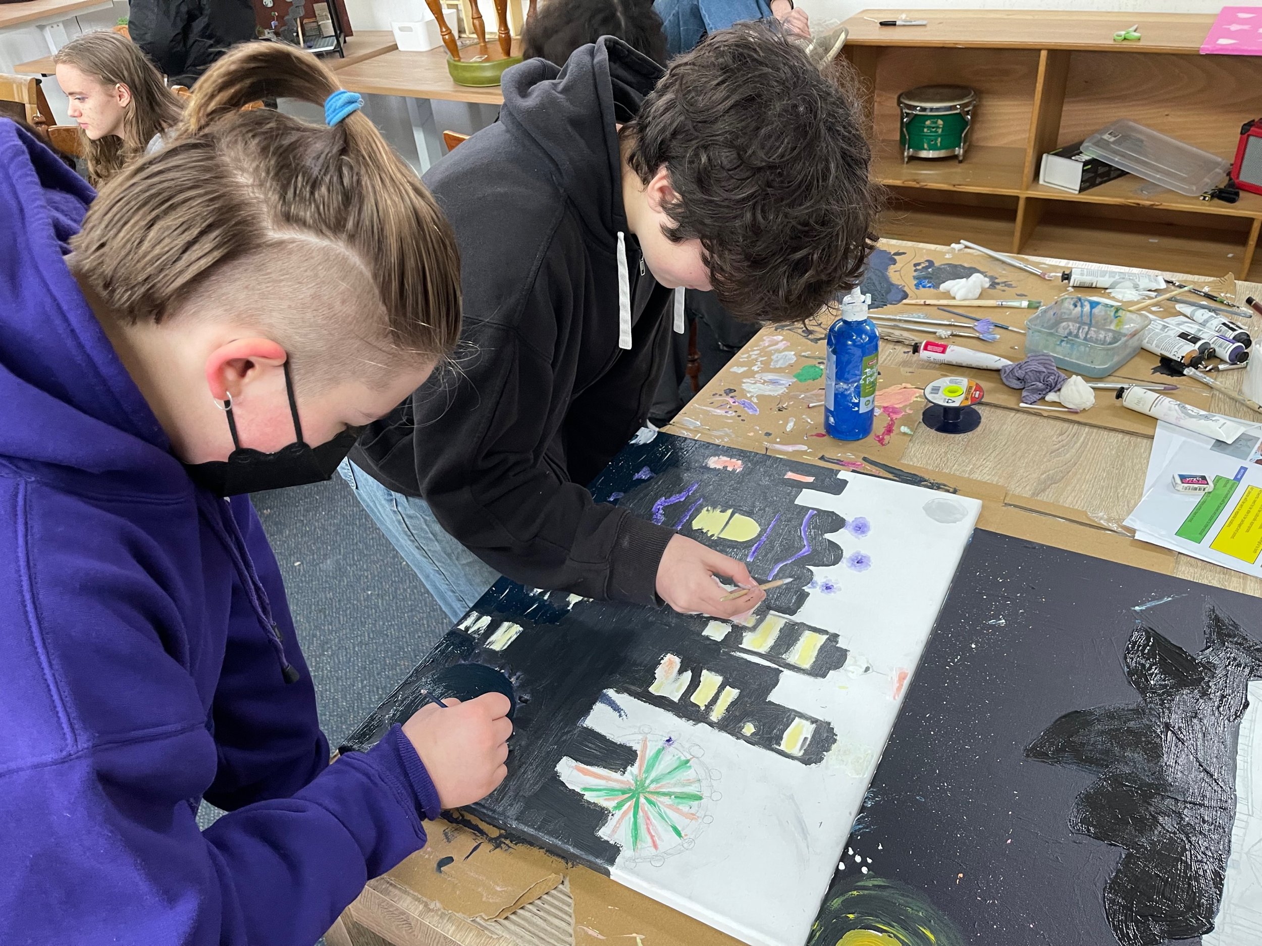 Map students paint the Melbourne skyline. The canvas will be sent to our Montessori collaborators in Japan or Philippines. 