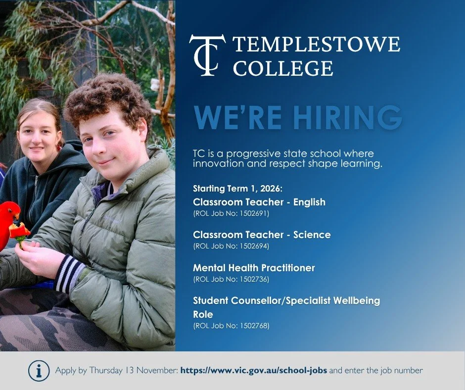 🌟Teaching Opportunities at TC – Starting Term 1, 2026! 🌟
We’re looking for dynamic, committed educators and wellbeing professionals to join our progressive learning community 💙
📚 English Teacher
🧪 Science Teacher
🧠 Mental Health P
