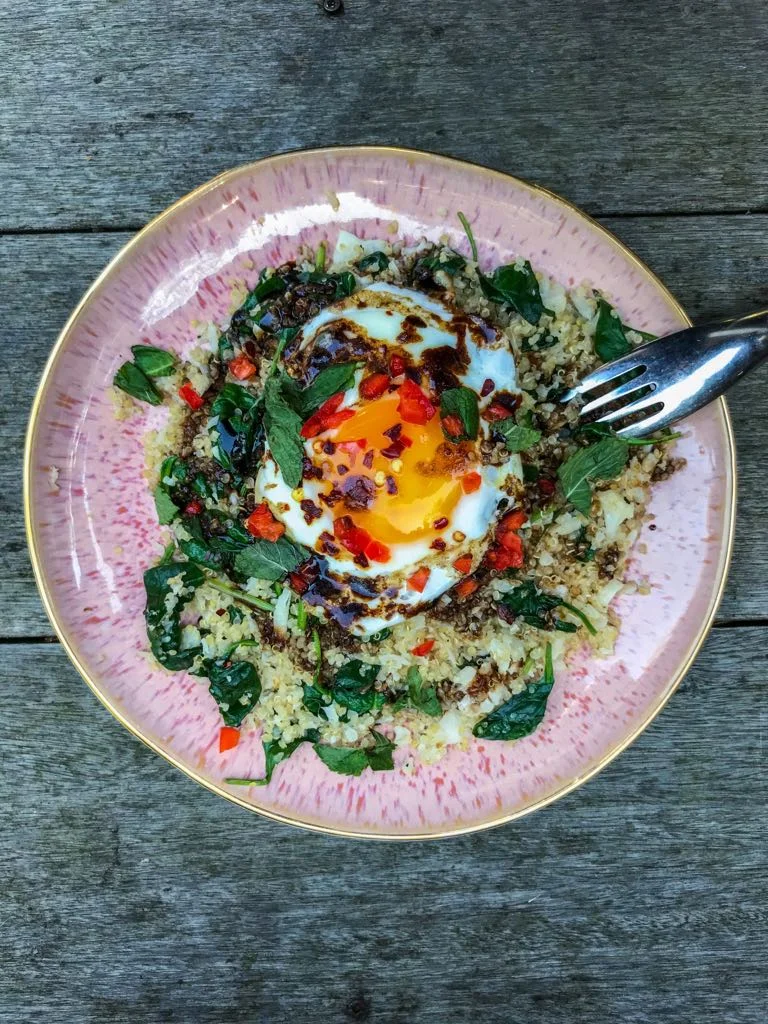 FRIED EGGS WITH TAMARIND AND QUINOA CAULI 'RICE'