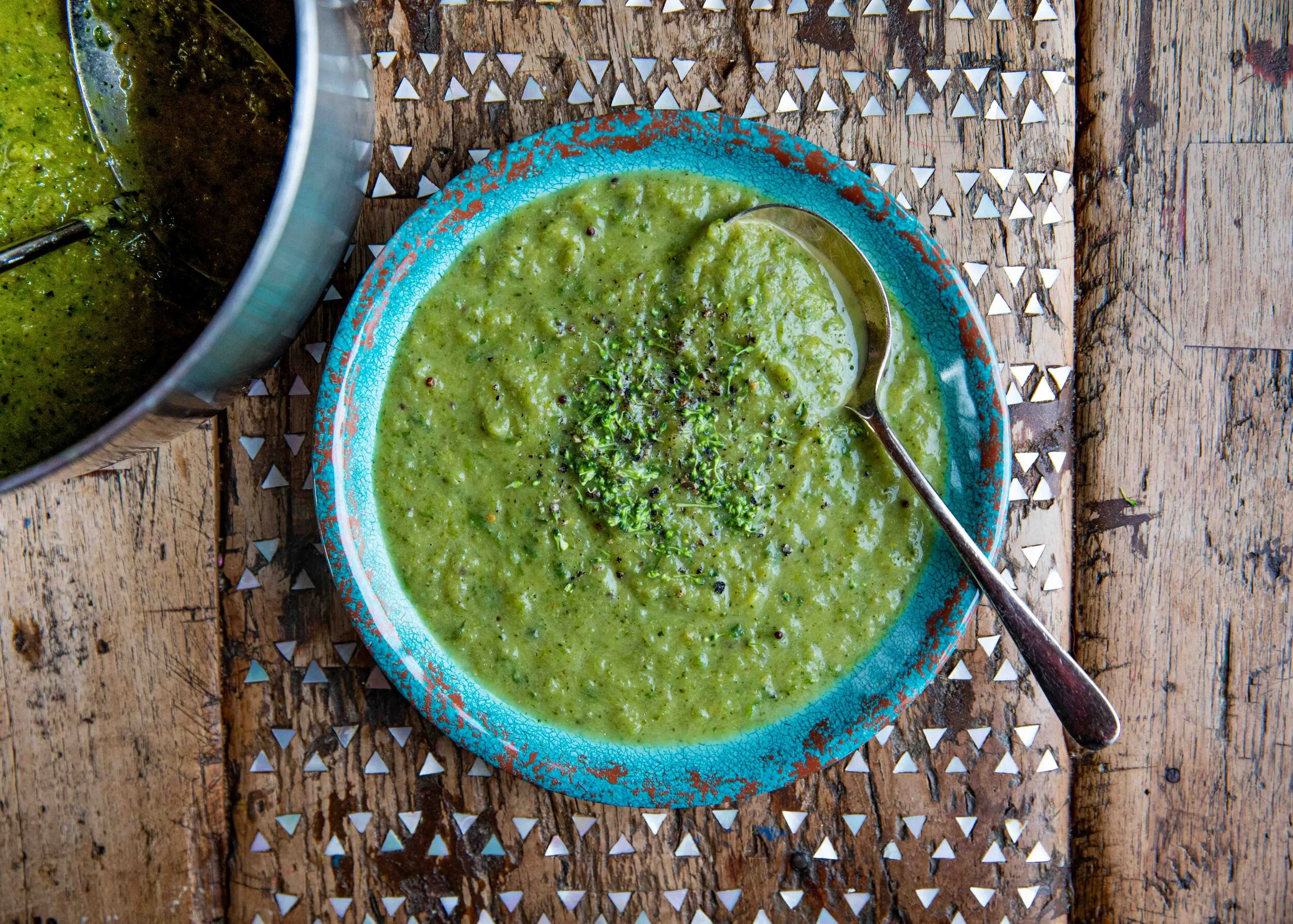 BLUE-GREEN SOUP WITH BLUE CHEESE AND GREEN VEGGIES