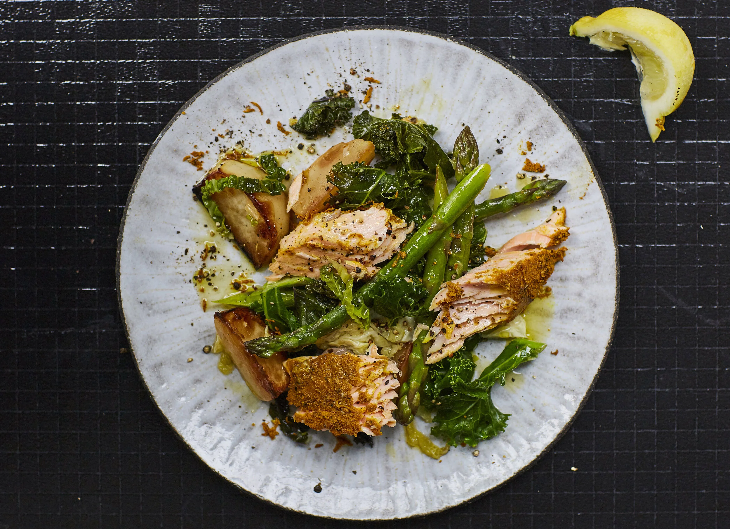 LEMON, TURMERIC AND BLACK PEPPER SALMON WITH SPRING GREENS