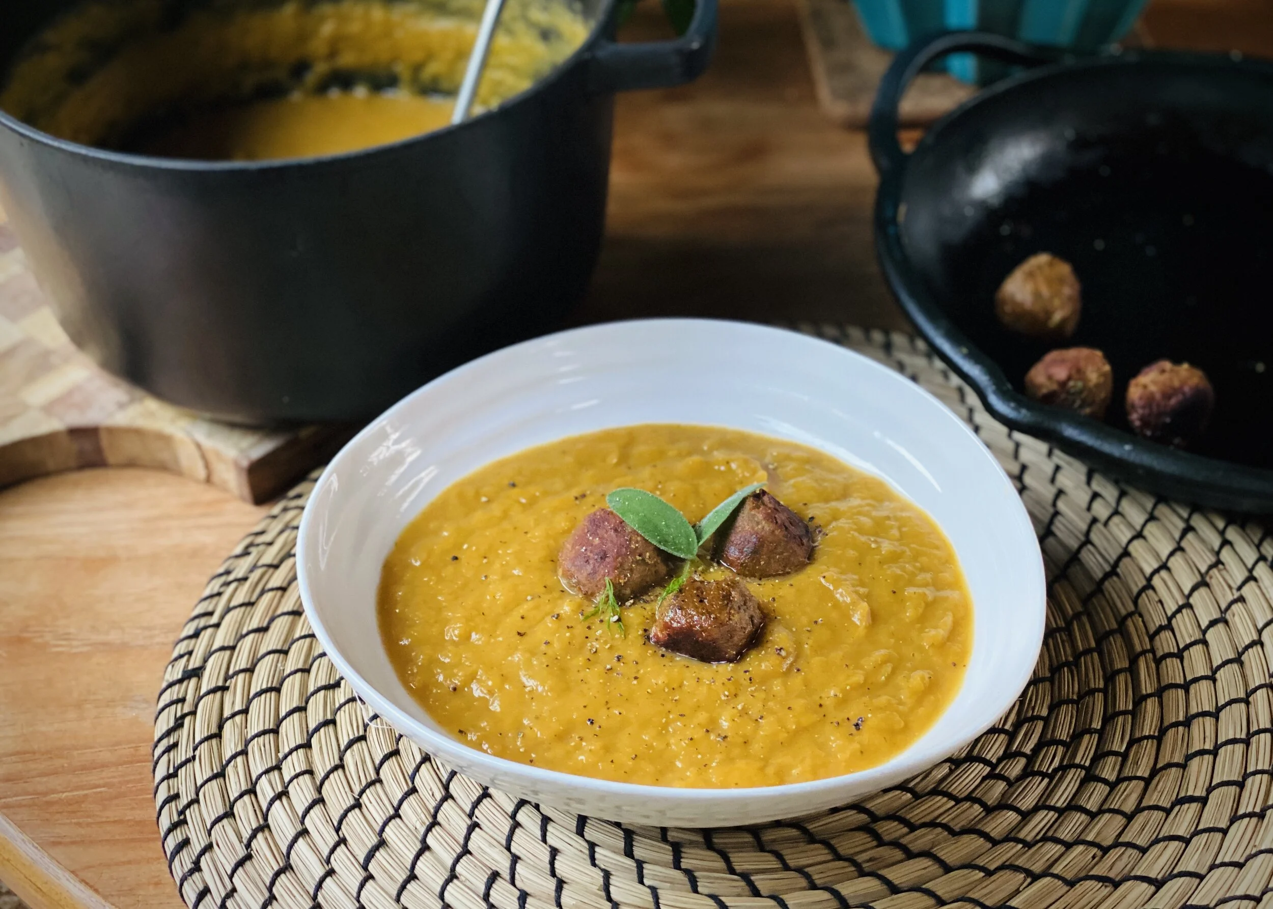 BUTTERNUT SQUASH AND FENNEL SOUP WITH PAN-FRIED SAGE CHICKPEA DUMPLINGS