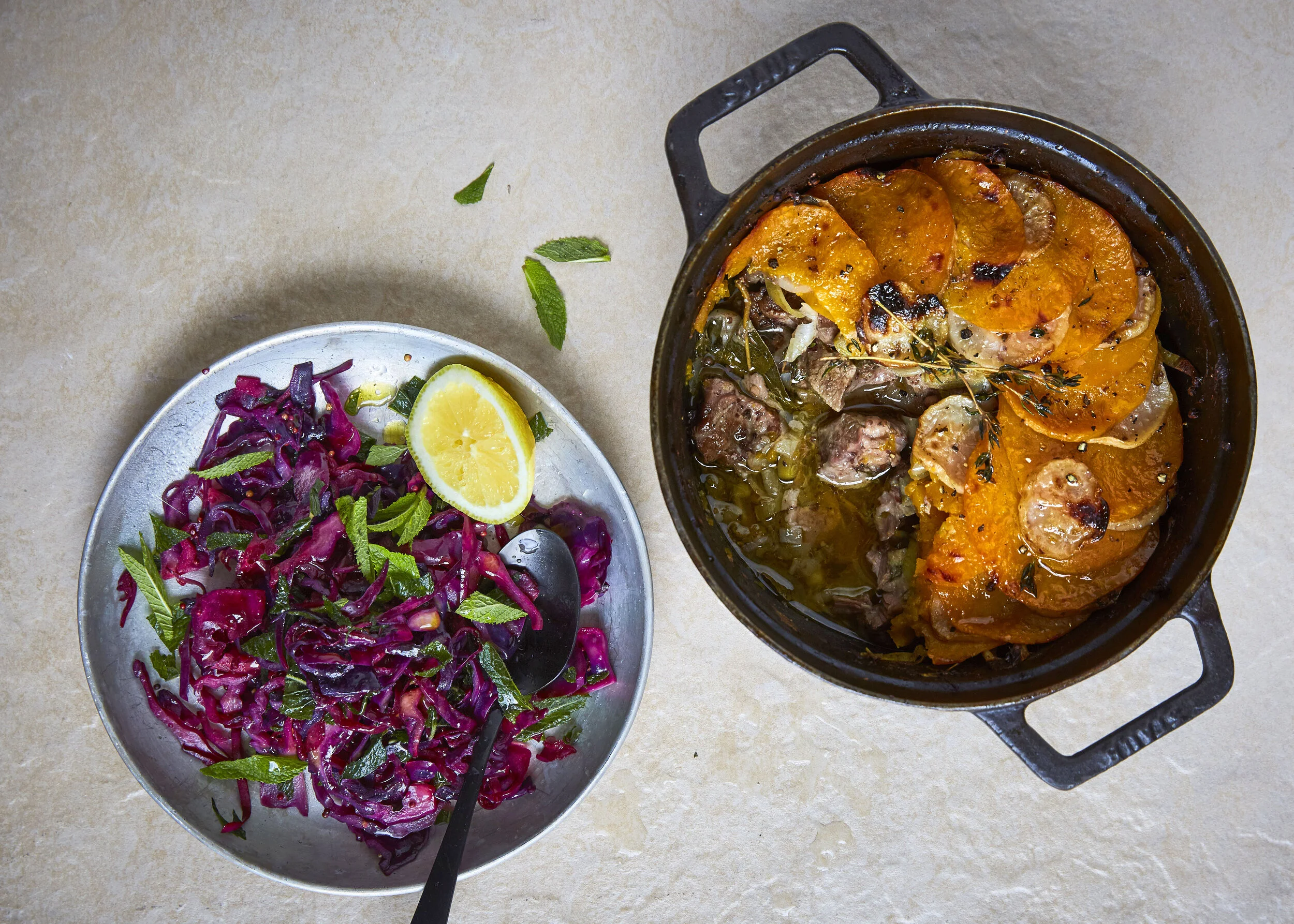 PINK PEPPER LAMB HOTPOT WITH SAUTÉED RED CABBAGE AND MINT