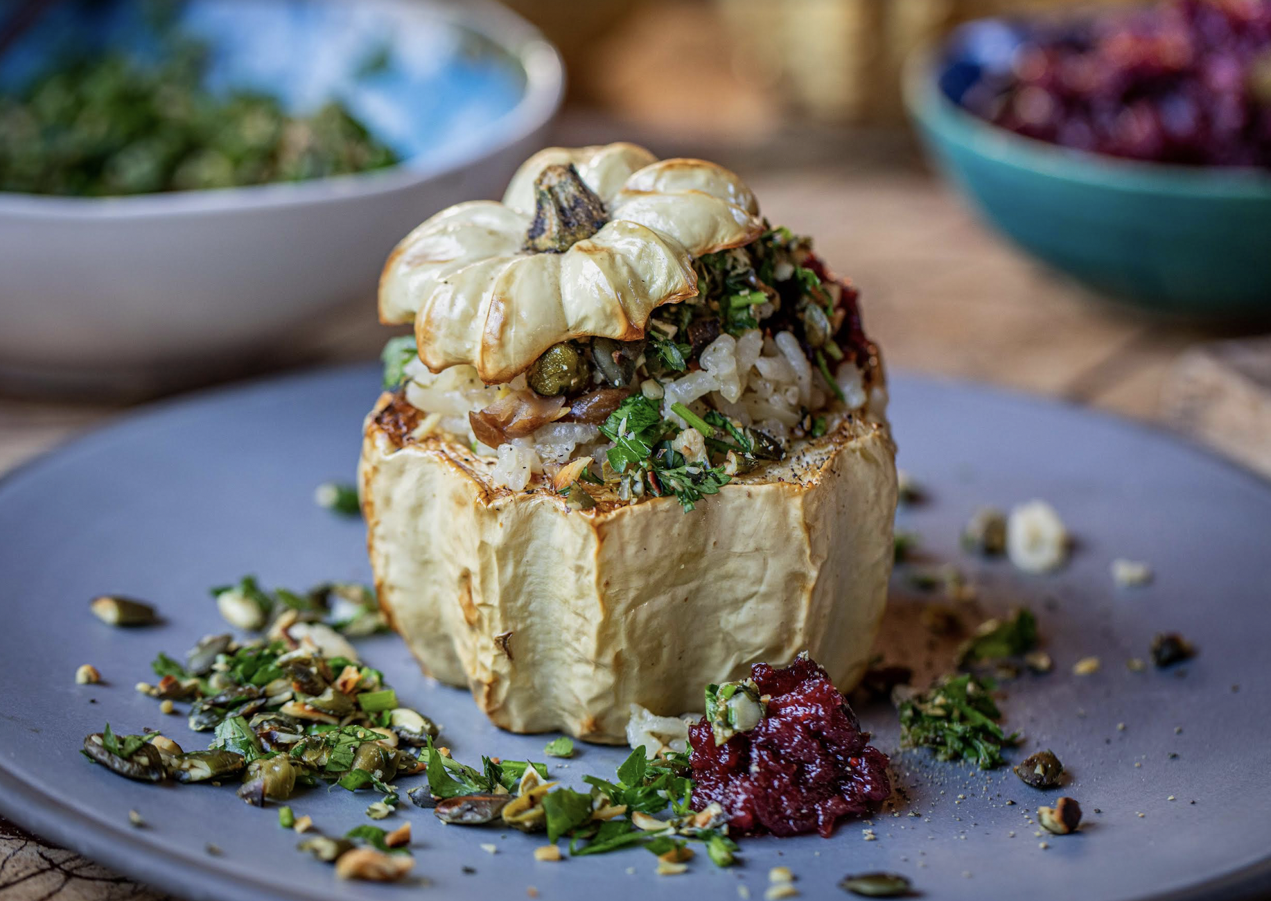 FESTIVE ACORN SQUASH WITH BAKED CHESTNUT RICE, CRANBERRY JAM AND PARSLEY CAPER CRUNCH 