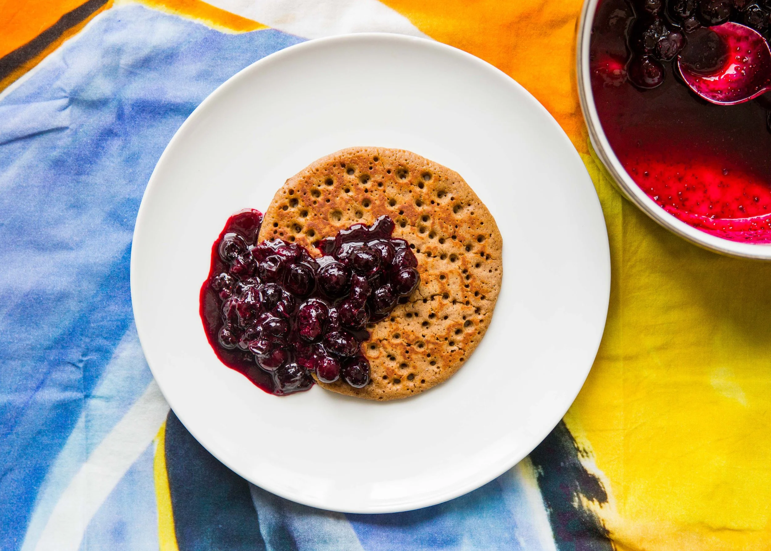 FERMENTED BUCKWHEAT PANCAKES WITH BLUEBERRY SAUCE 