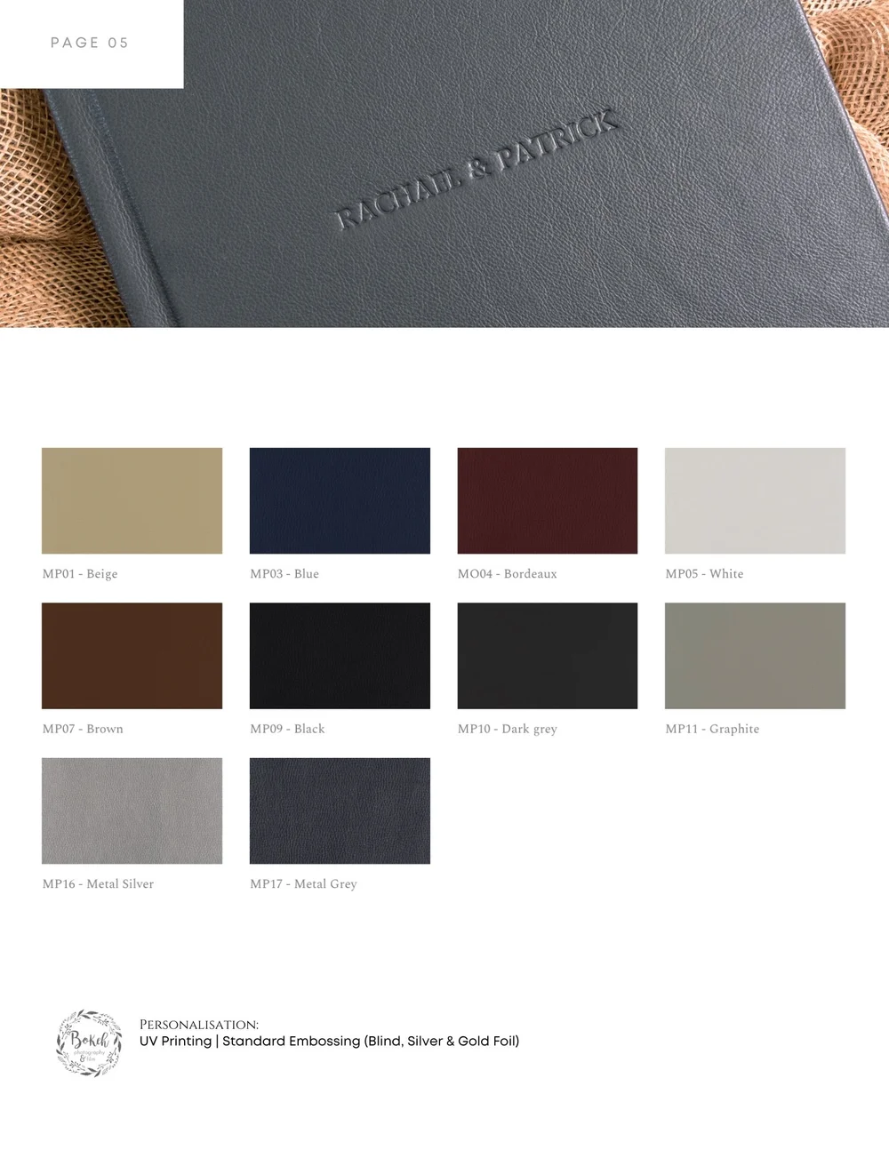 Vegan leather colour codes and personalisation options