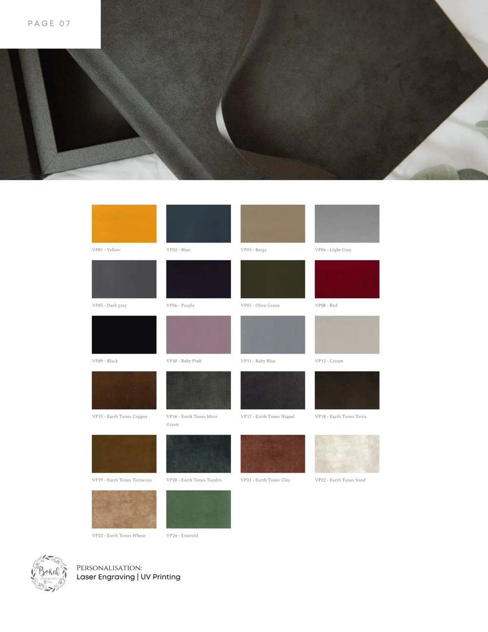 Velvet colour codes and personalisation options