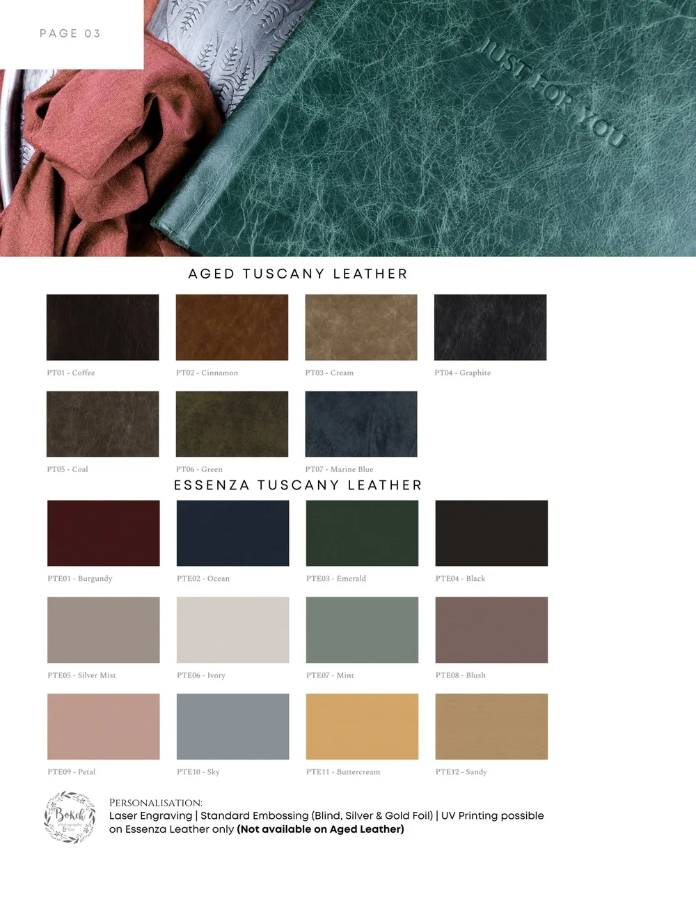 Aged Tuscany and Essenza leather colour codes and personalisation notes