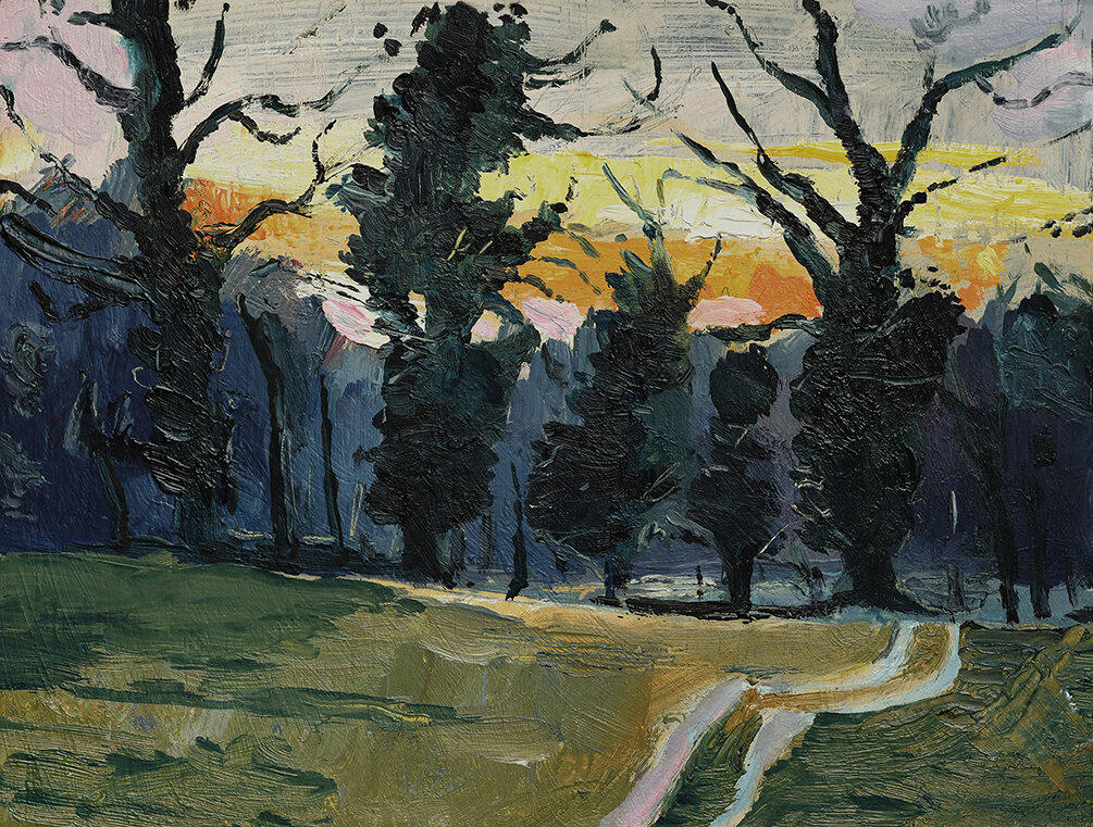 Treeline Sunset, 210x160mm, oil on board, price on request