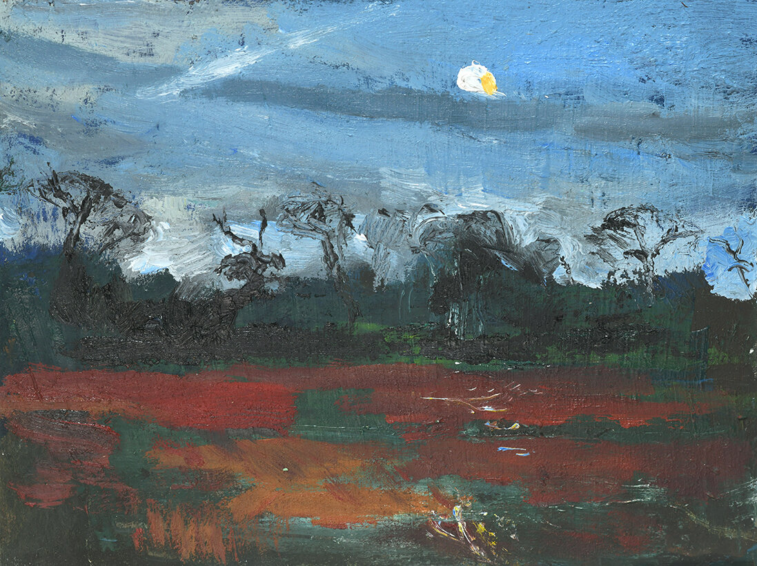 Low Moon over Red Field, 210x160mm, oil on board, price on request