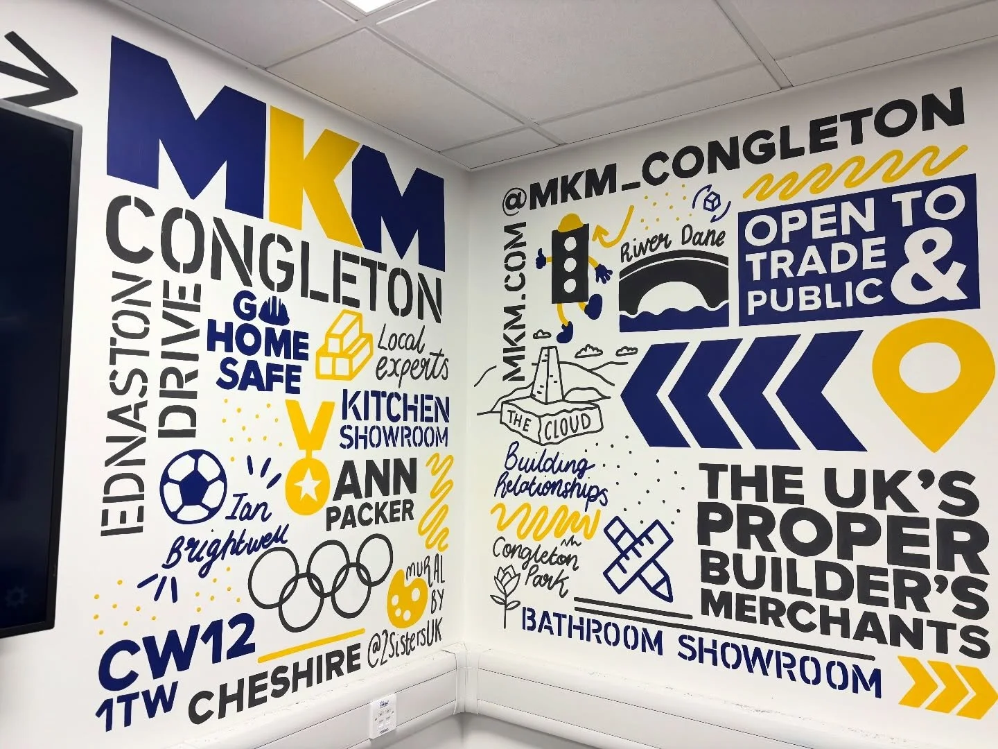 As we were finishing up our mural for @mkm_congleton they asked us if we could extend it to the left and onto other walls because they loved it so much! We spent yesterday designing the new sections with the help of the branch team and painting the e