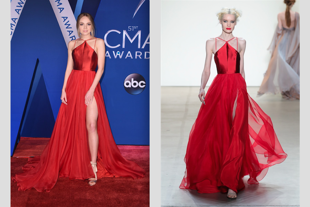Danielle Bradbery wearing LM Fall 2017 Red Gown. See Danielle Bradbery at the CMAs and CLICK HERE FOR MORE PICTURES