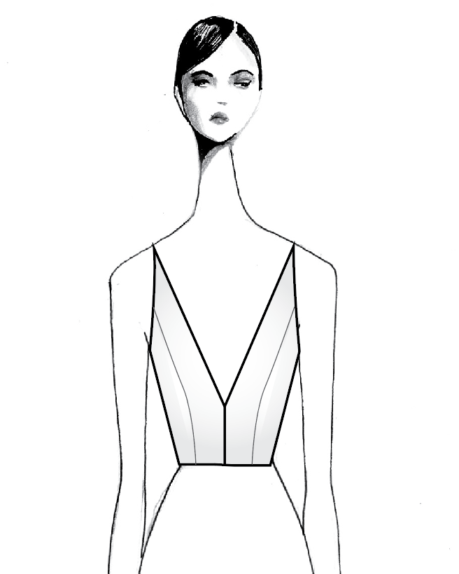 Plunging Cut V neckline (similar to our Gabrielle) Fully lined in silk with boning, and fused to hold securely in place.