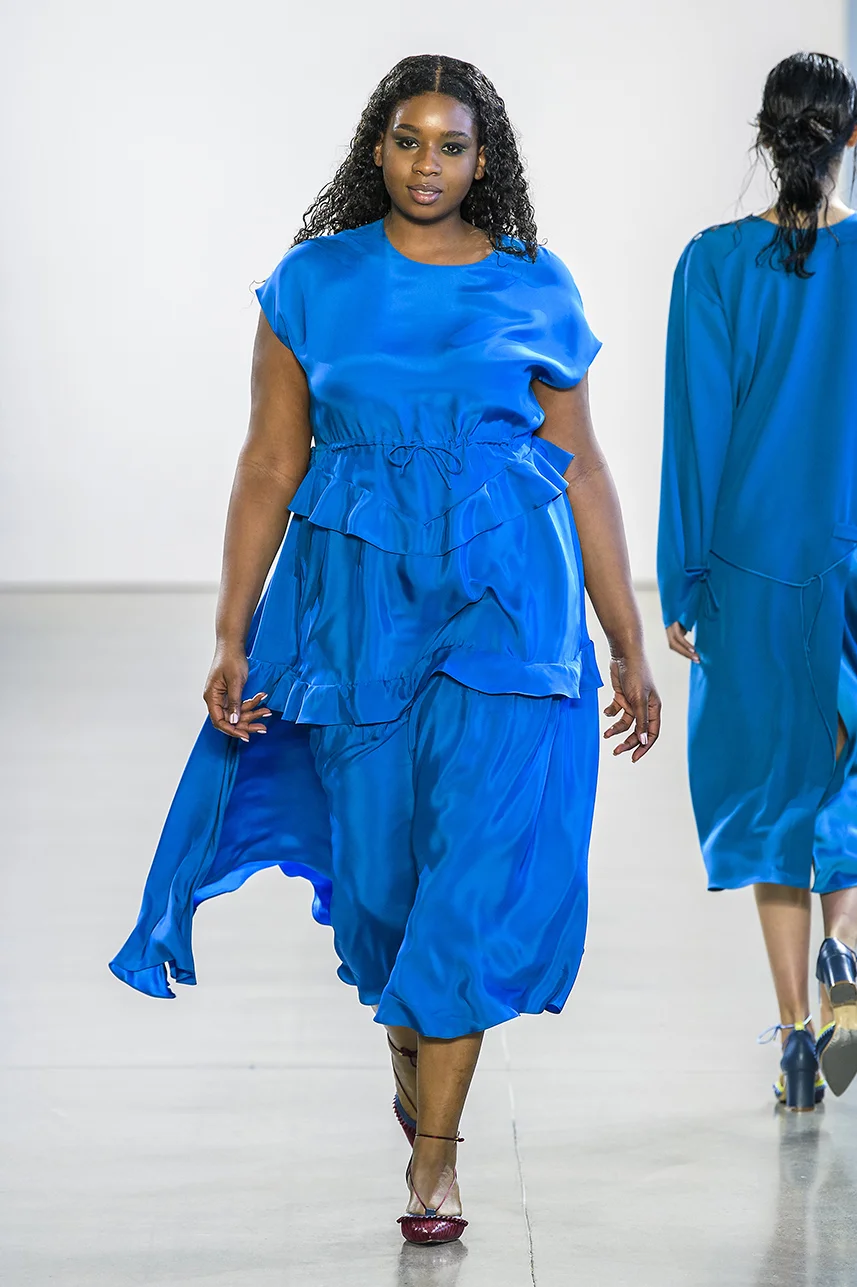 matte silk charmeuse dress in bright peacock blue with drawstring waist and ruffle skirt panel detail. Top fully lined, and has easy fit.