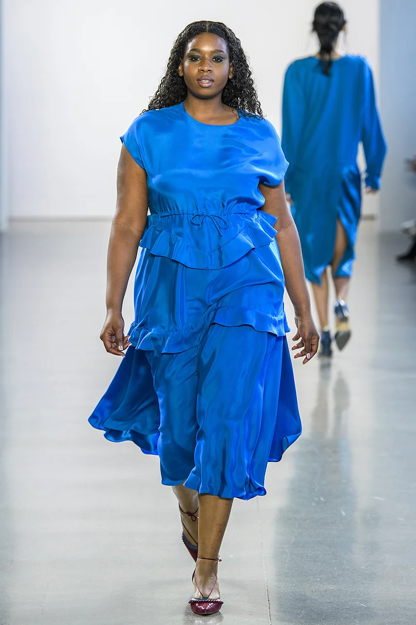 matte silk charmeuse dress in bright peacock blue with drawstring waist and ruffle skirt panel detail. Top fully lined, and has easy fit.