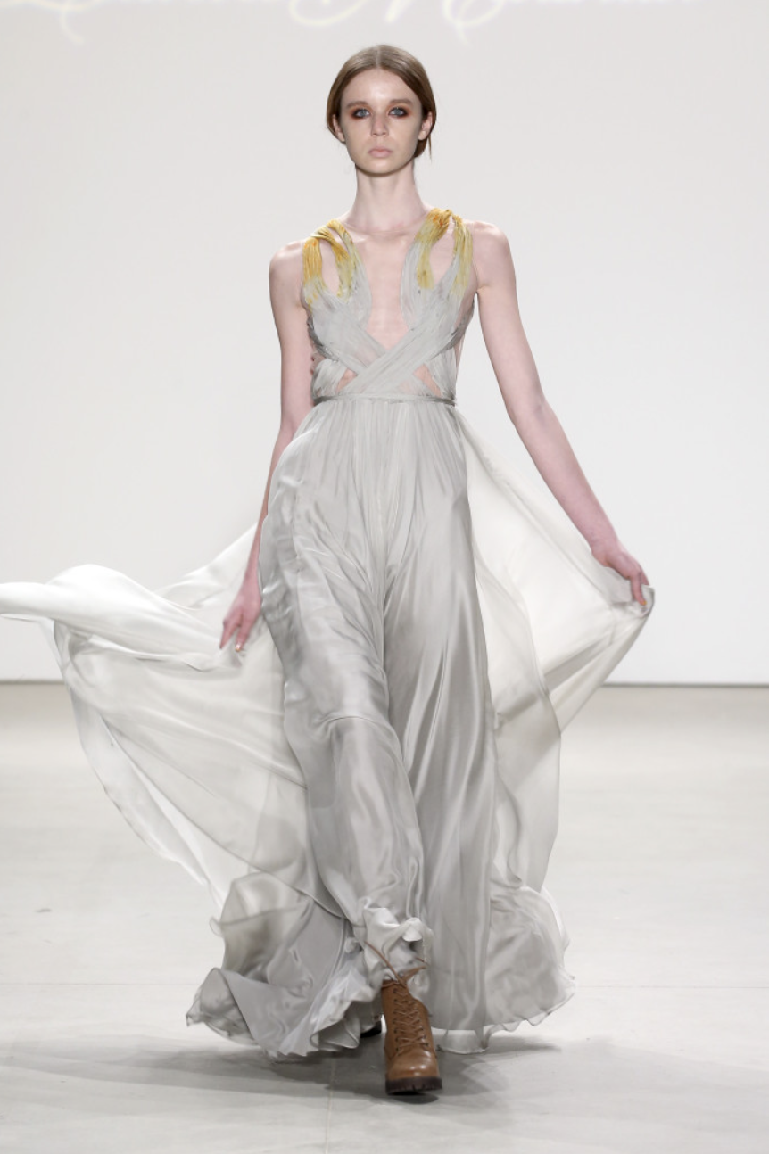 Silvery gray silk chiffon, with mustard yellow hand painted gradient draped bodice detail.