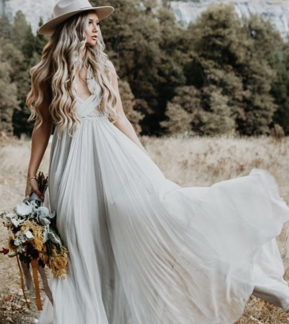 Silvery gray silk chiffon, with mustard yellow hand painted gradient draped bodice detail.