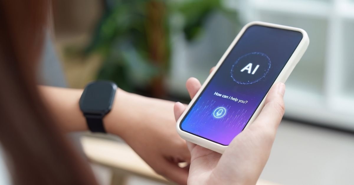 Woman using an AI assistant app on her phone, screen prompting How can I help you