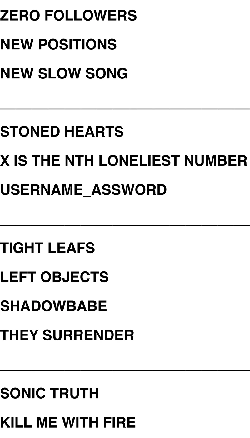Ultrasphinx set list. Songs are organized in "blocks" to be played back-to-back. Solid lines represent tuning breaks and/or guitar changes.