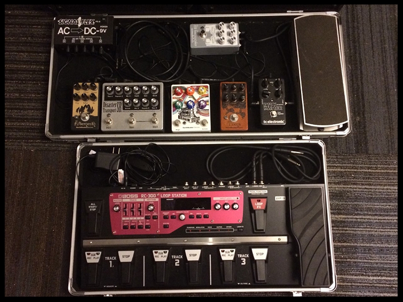 Bass Side - EQD Talons and Electro-Harmonix Little Big Muff Melody Side - EQD Bit Commander, Rainbow Machine, Disaster Transport Sr., Afterneath, TC Electronics Dark Matter, Ernie Ball Volume Pedal. 