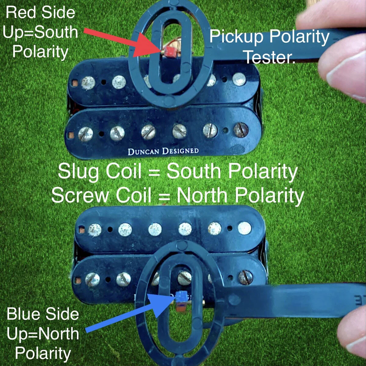 In this pic, I’m using my magnetic pickup polarity tester to determine which coil in this pickup is “North” and which one is “South.” It has a tiny magnet in it that rotates to show you the polarity of a pickup when held above the magnet. It’s a REALLY handy tool for working with guitar and bass electronics.