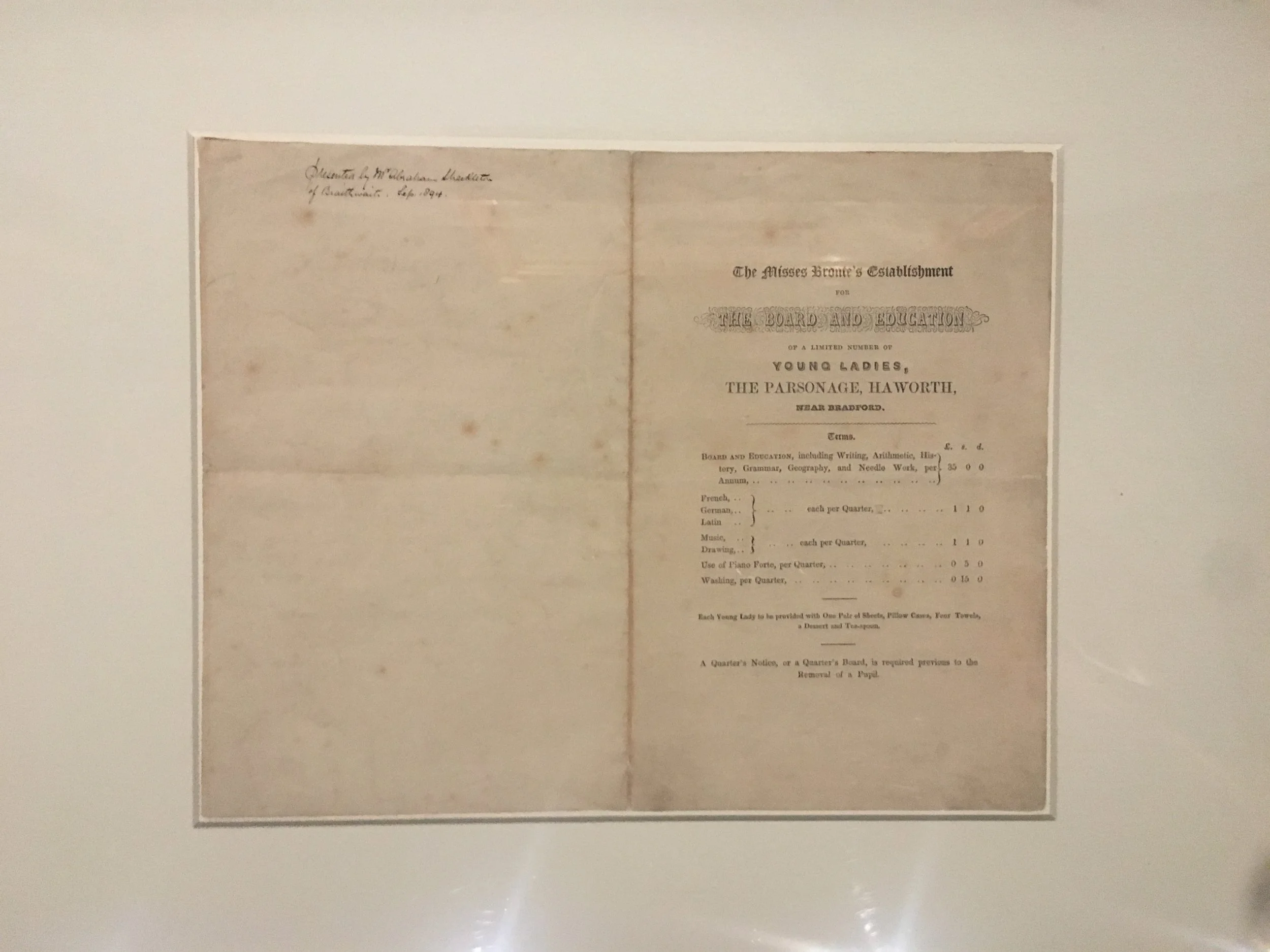 A prospectus for "The Misses Bronte's Establishment", the school which Charlotte , Emily and Anne intended to set up at Haworth Parsonage in 1844