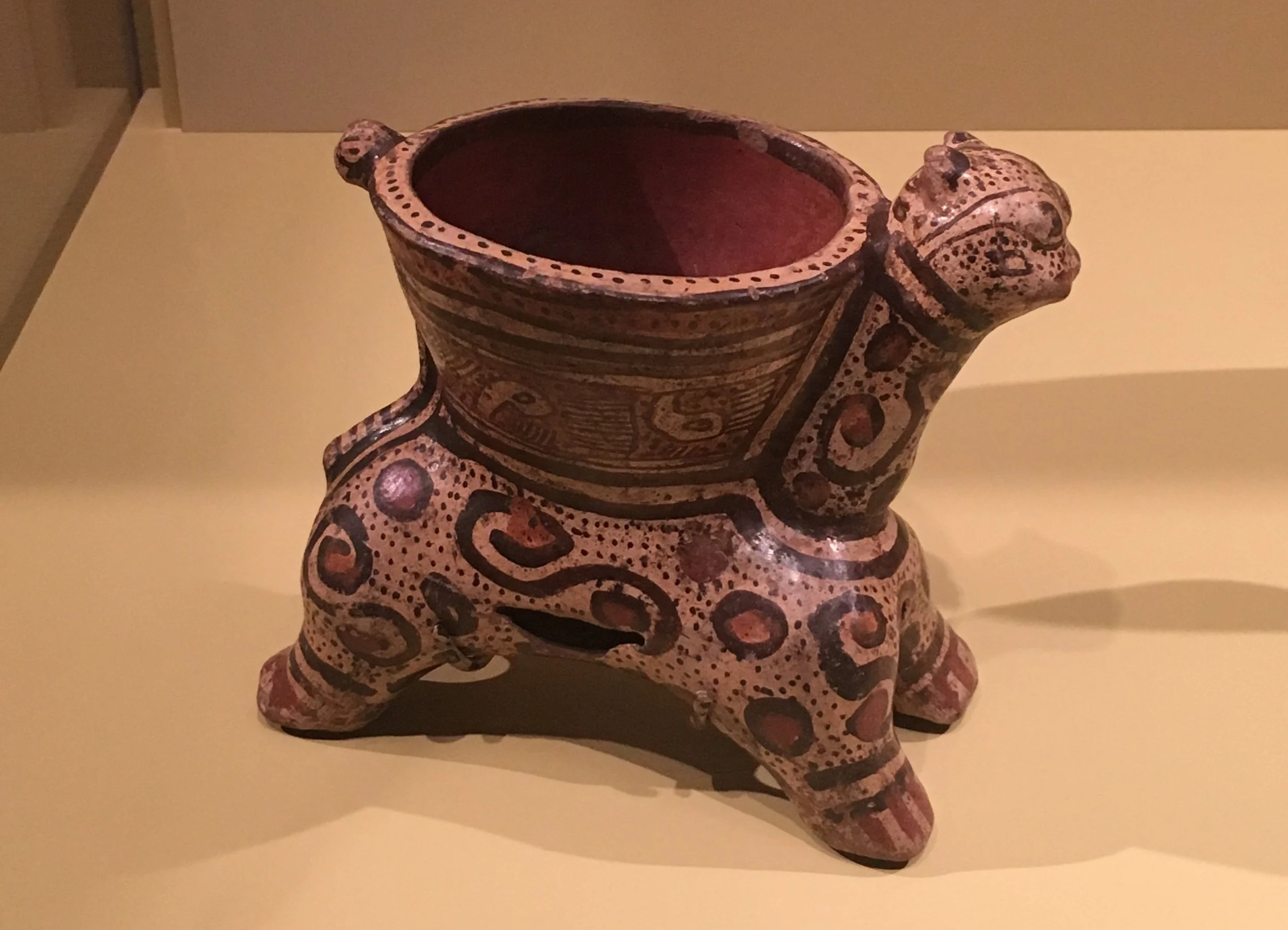 Greater Nicoya vessel in the form of an ocelot. AD 1000-1350. Filadelfia, Guanacaste Province, Costa Rica Pottery, clay slip, paint. MAI exchange with Dr. Jorge A. Lines, 1934.