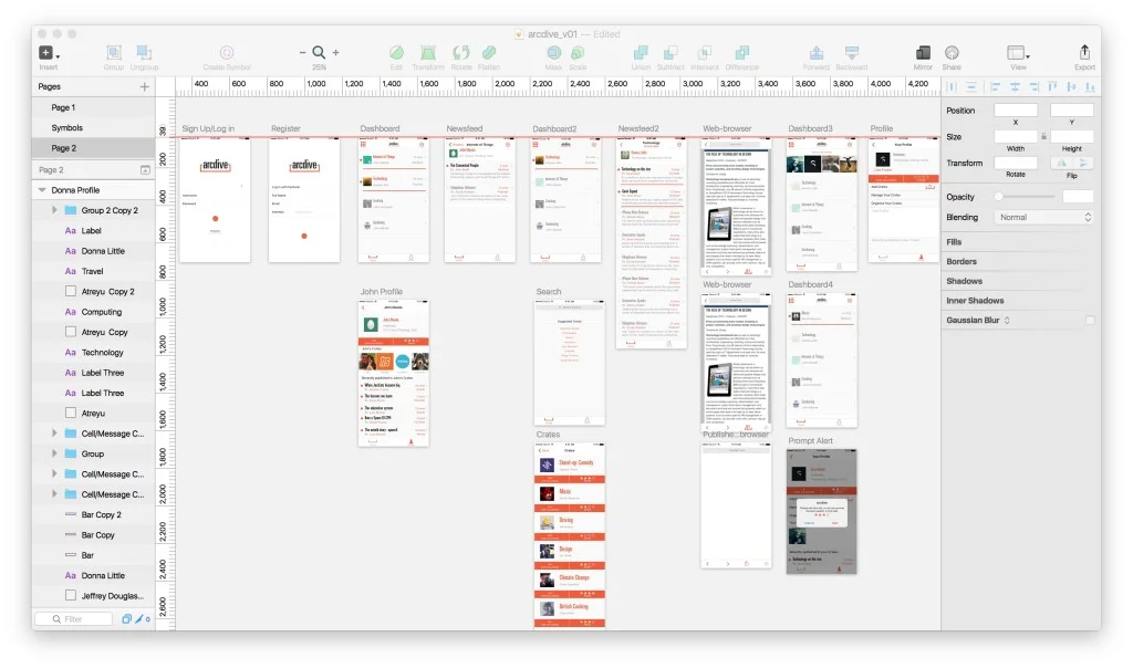 Sketch file of the GUI for the arcdive app, trying out different techniques for different user experience.