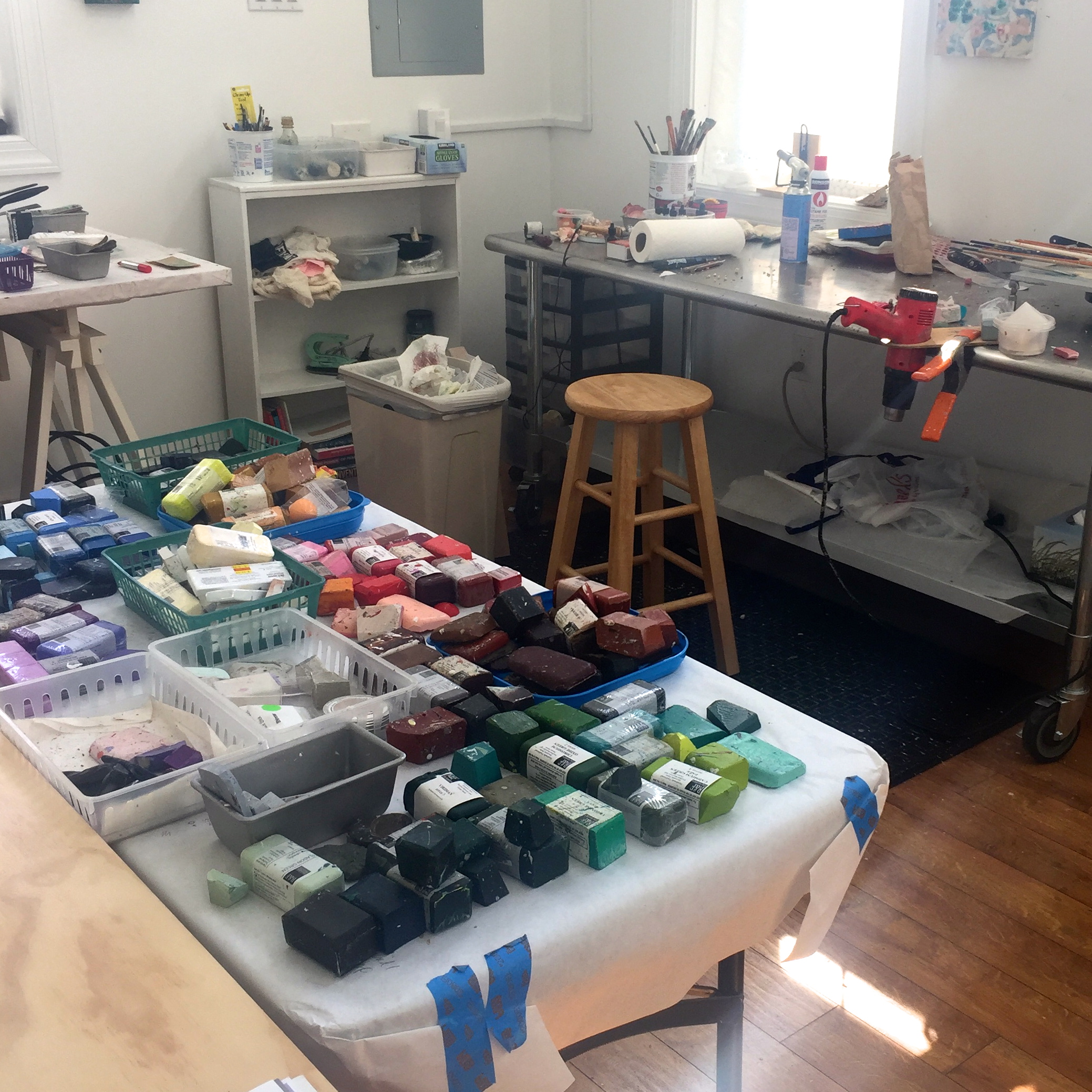 This feels like a candy store! I came home from the Encaustic Conference with some needed new paints, and laid out everything I had. More to come, since I won a raffle prize from Enkaustikos!