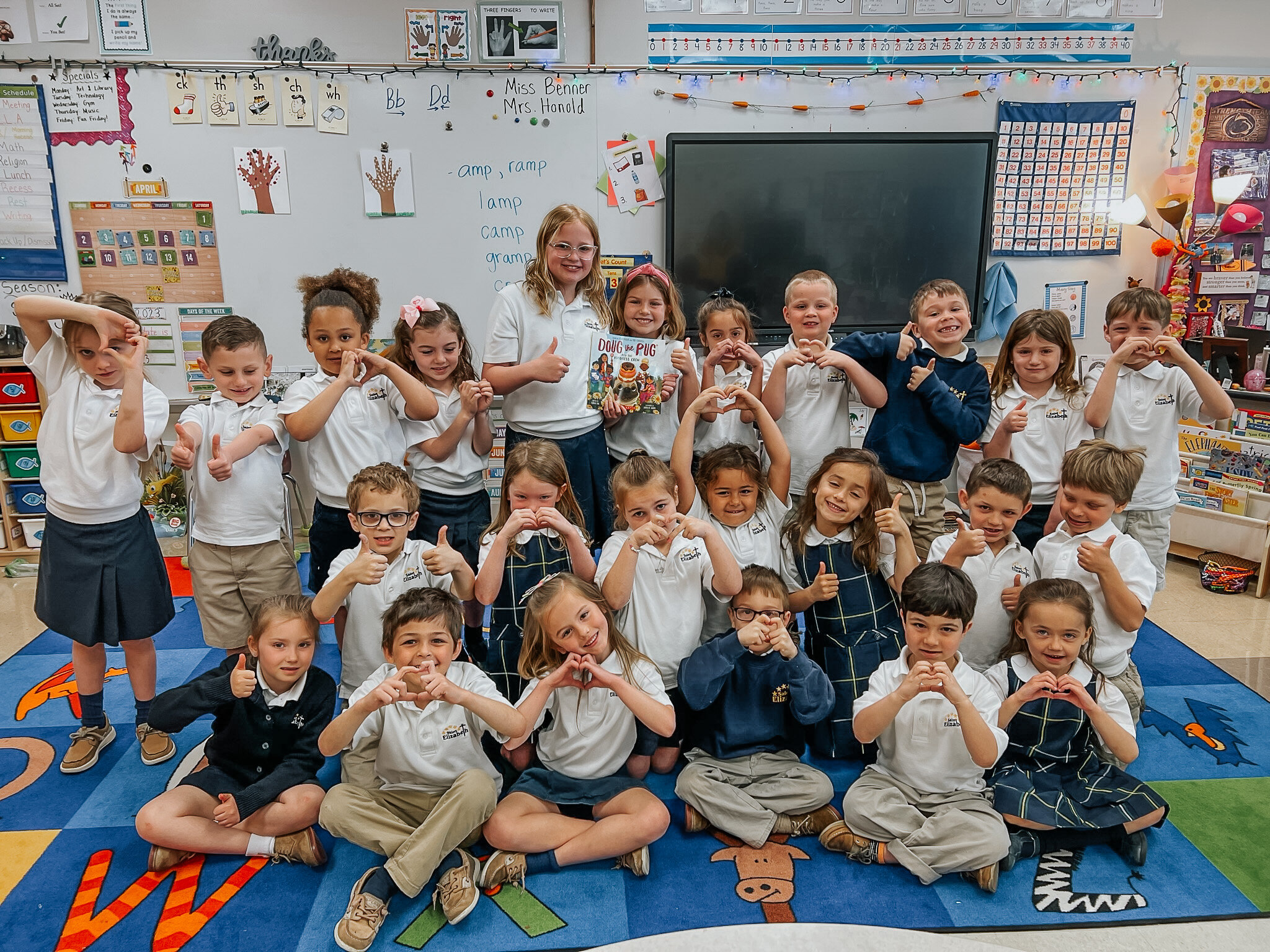 Students from the 3rd Grade Kindness club visited classrooms to read stories about kindness. Afterwards, they asked the class questions and allowed time to share discussions. Pictured is Kindergarten's visit. What great examples our older students gi