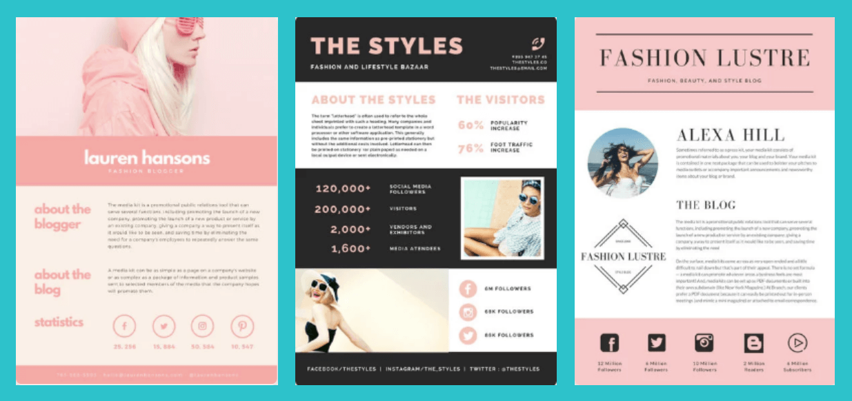 Examples of what your Media Kit could look like, courtesy of Canva.