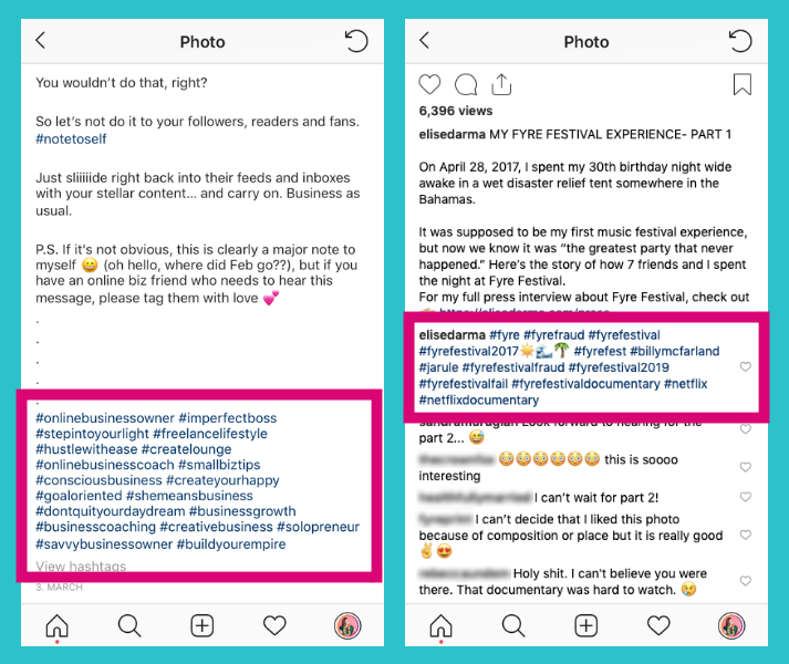 Here are 2 ways you can post your hashtags: 1) on the left, I posted my hashtags into my caption directly, or 2) on the right, I posted them in the first comment. Neither way is superior. 💪 It’s up to you and your personal preference!