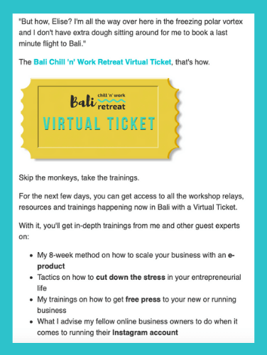 Here’s one example of an email that I sent out about the Bali retreat virtual ticket .