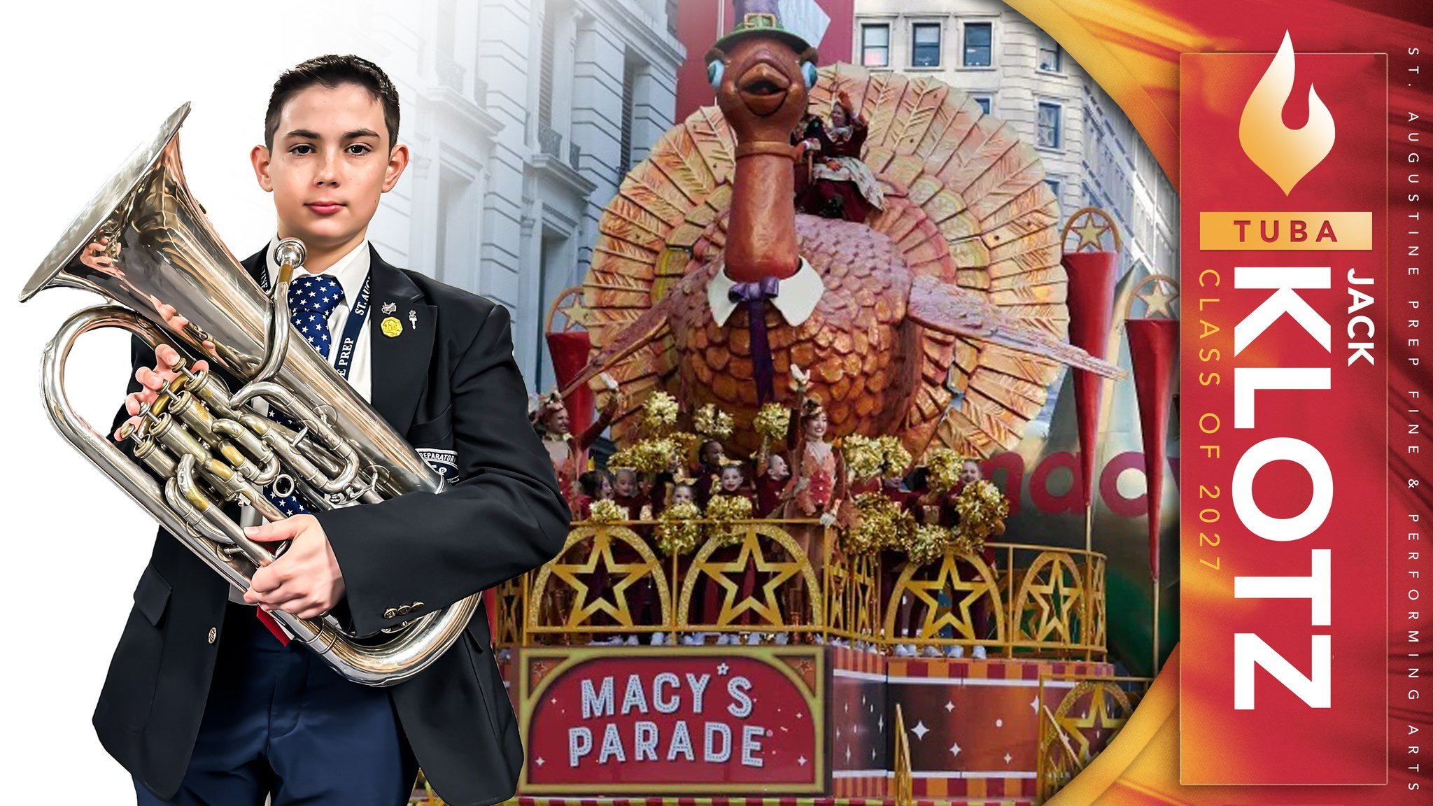 🍂 🦃 🎺 Breaking News: St. Augustine Prep's own Jack Klotz '27 is set to shine next fall at the 98th Macy's Thanksgiving Day Parade! 

Selected as a member of the prestigious Macy's Great American Marching Band, Jack will represent the school and th